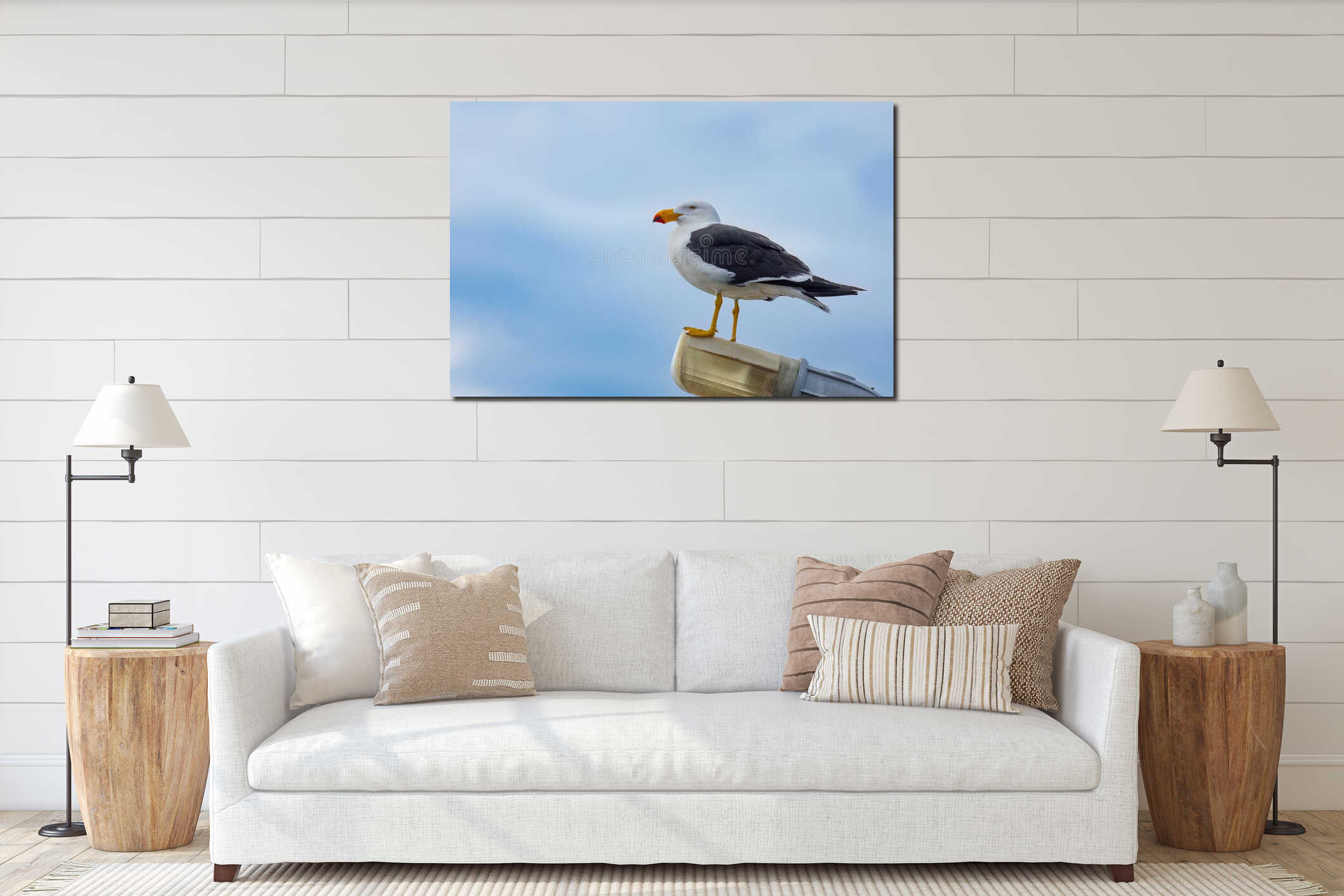 A Pacific gull observes its surroundings from on top of a lamp post. interior mockup