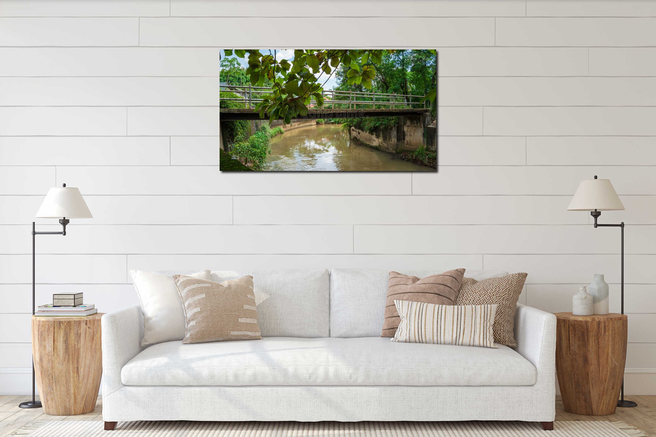A concrete bridge spans the river. interior mockup