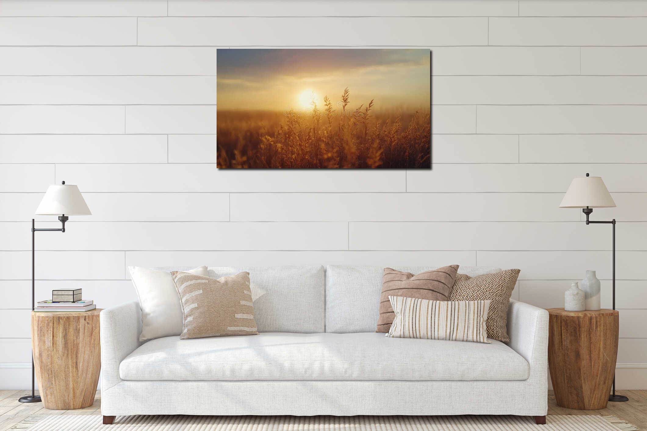 Golden sunrise over a misty field. Nature awakens with light and warmth. Serenity fills the air in this tranquil morning scene interior mockup