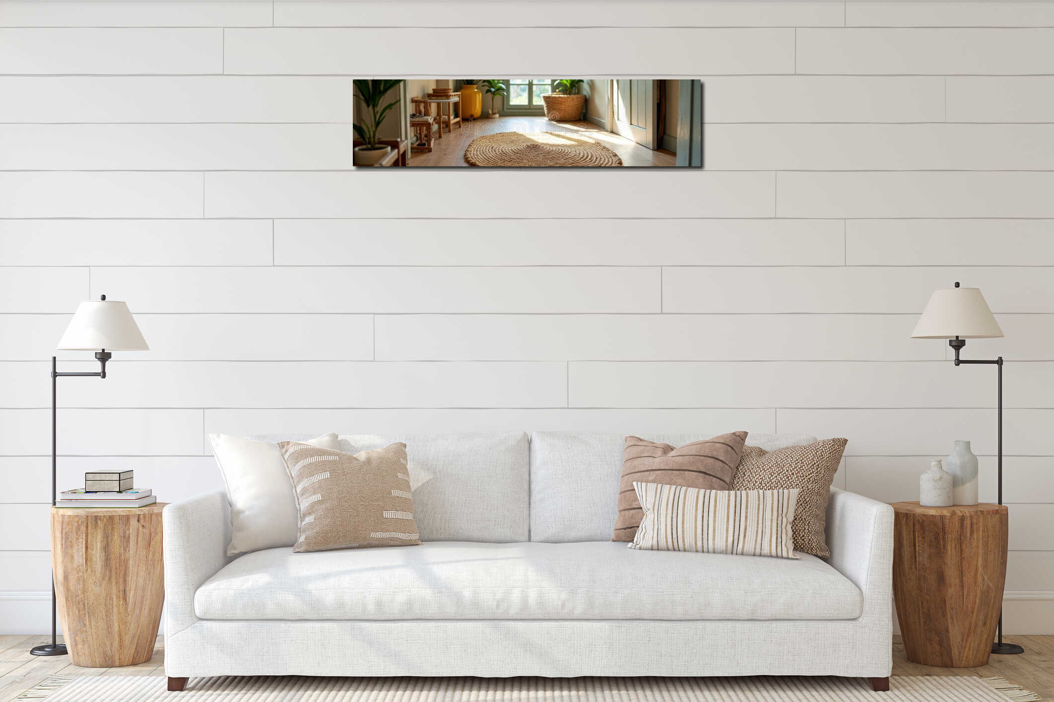 Sunlit hallway with round woven rug and potted plants interior mockup