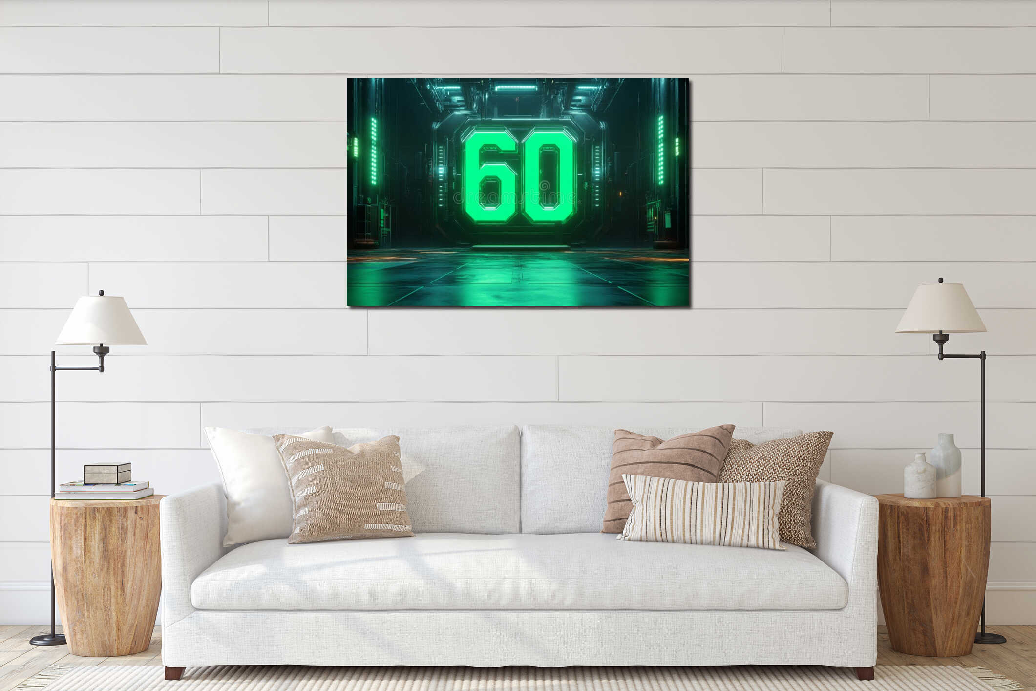 Number sixty glowing inside futuristic metallic structure with green neon lights interior mockup