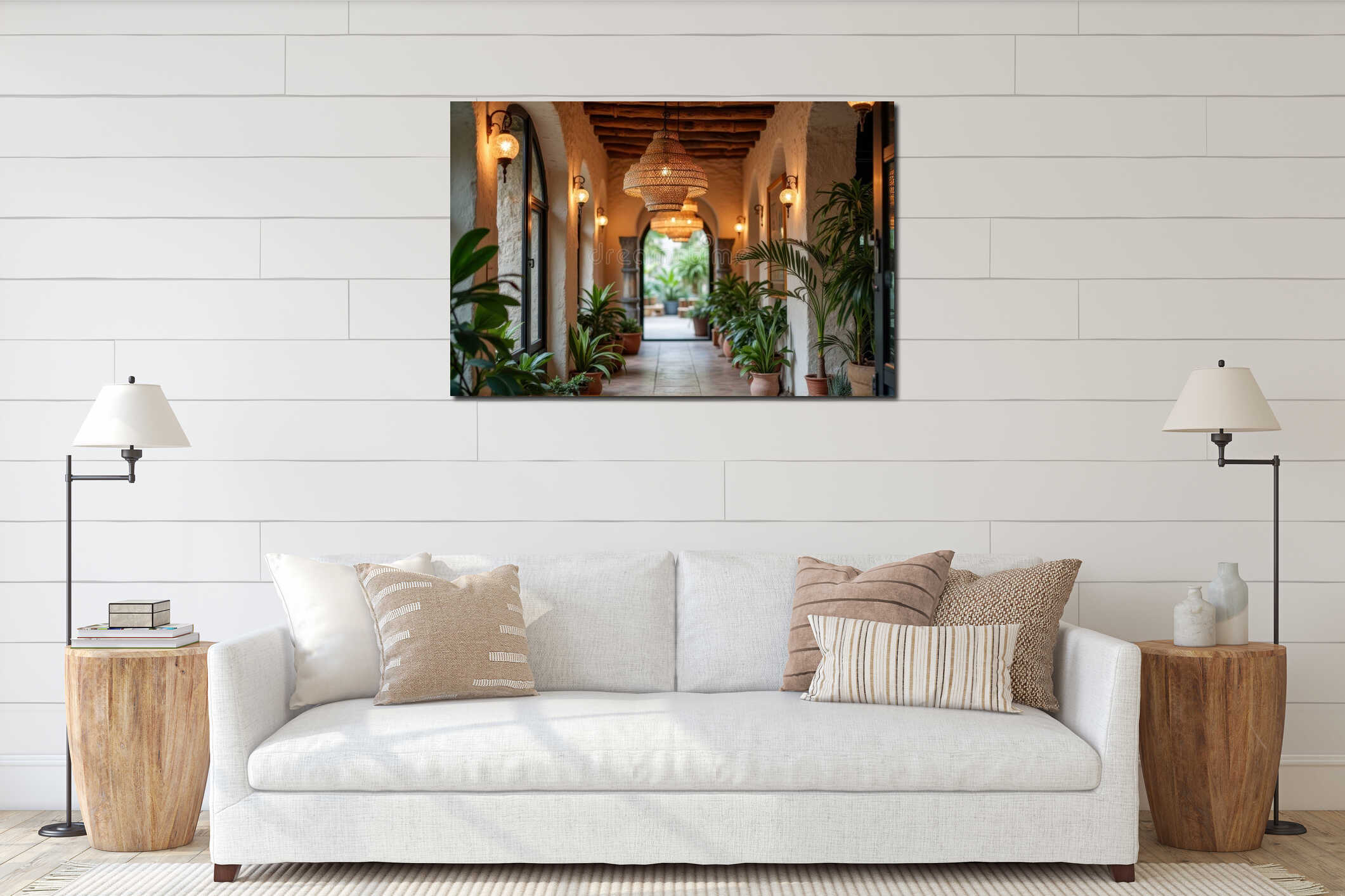 Rustic mediterranean corridor with hanging lamps and lush greenery interior mockup
