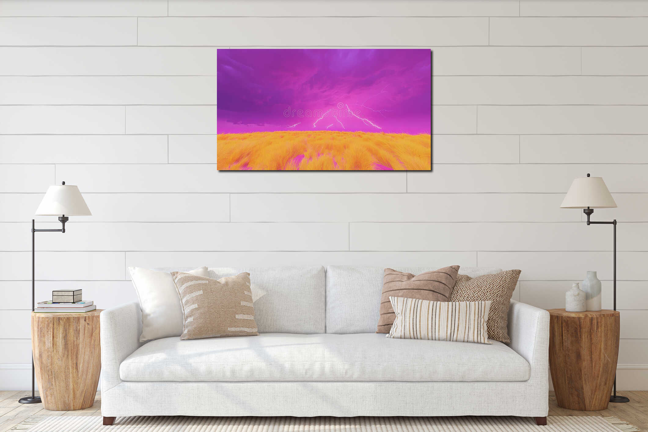 Across a flat, golden field, vibrant purple lightning flashes under the ominous tones of a dramatic storm sky interior mockup