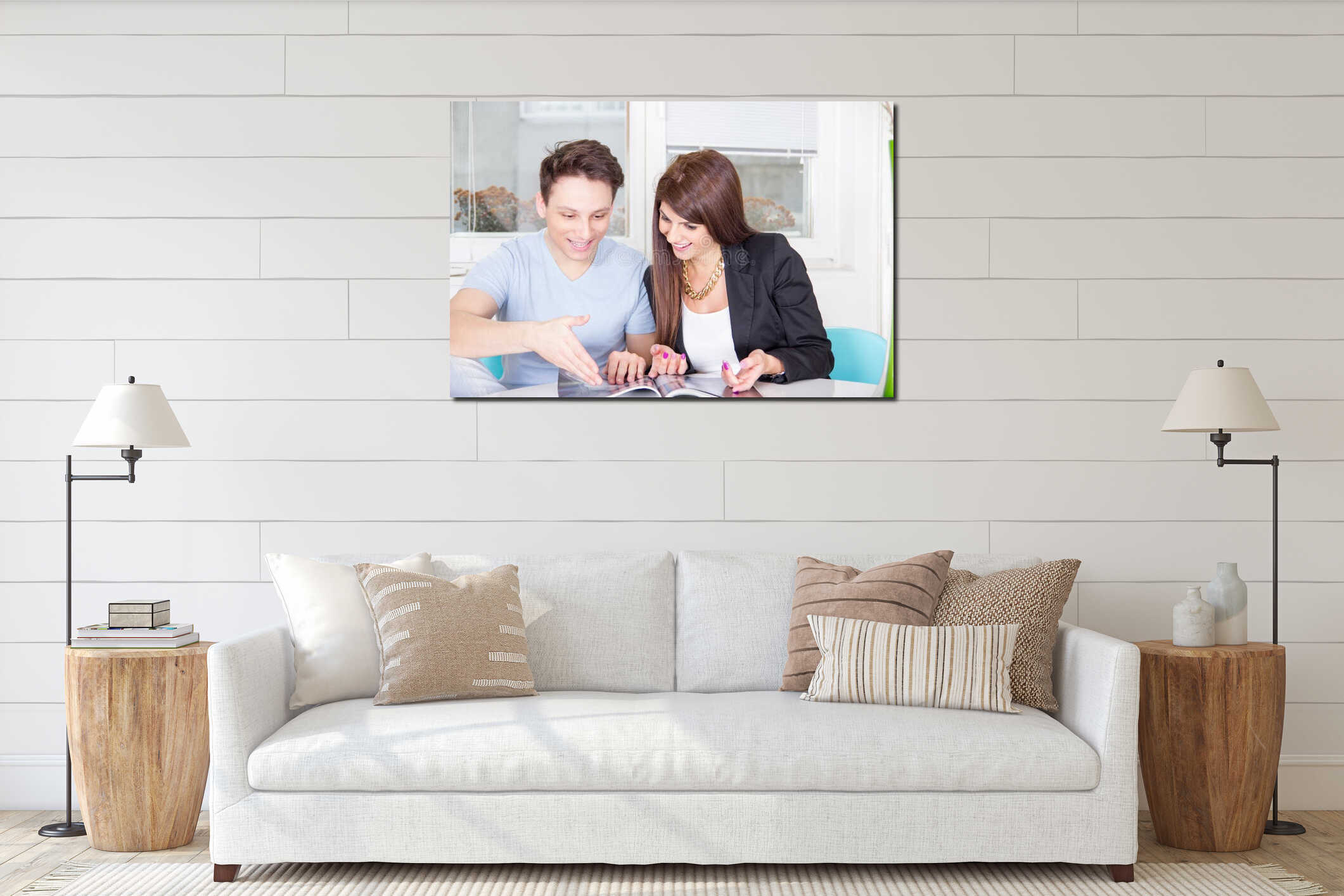 Two people sitting at the table reading magazine interior mockup
