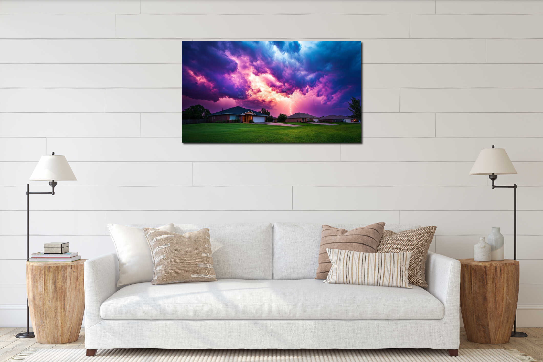 At sunset, a suburban landscape is set ablaze by a vibrant purple lightning storm interior mockup