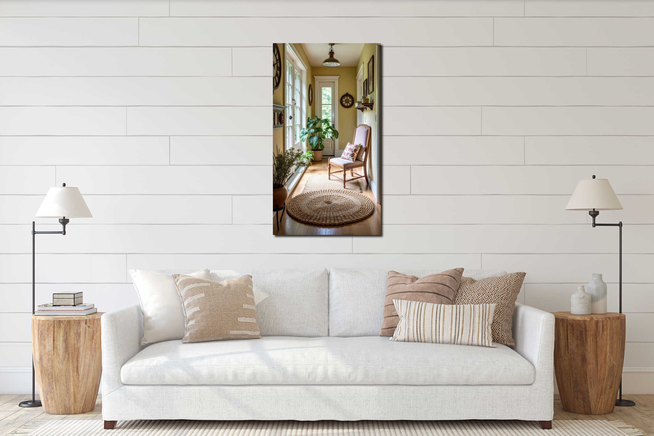 Bright sunlit hallway with greenery and wooden chair in cozy home interior interior mockup