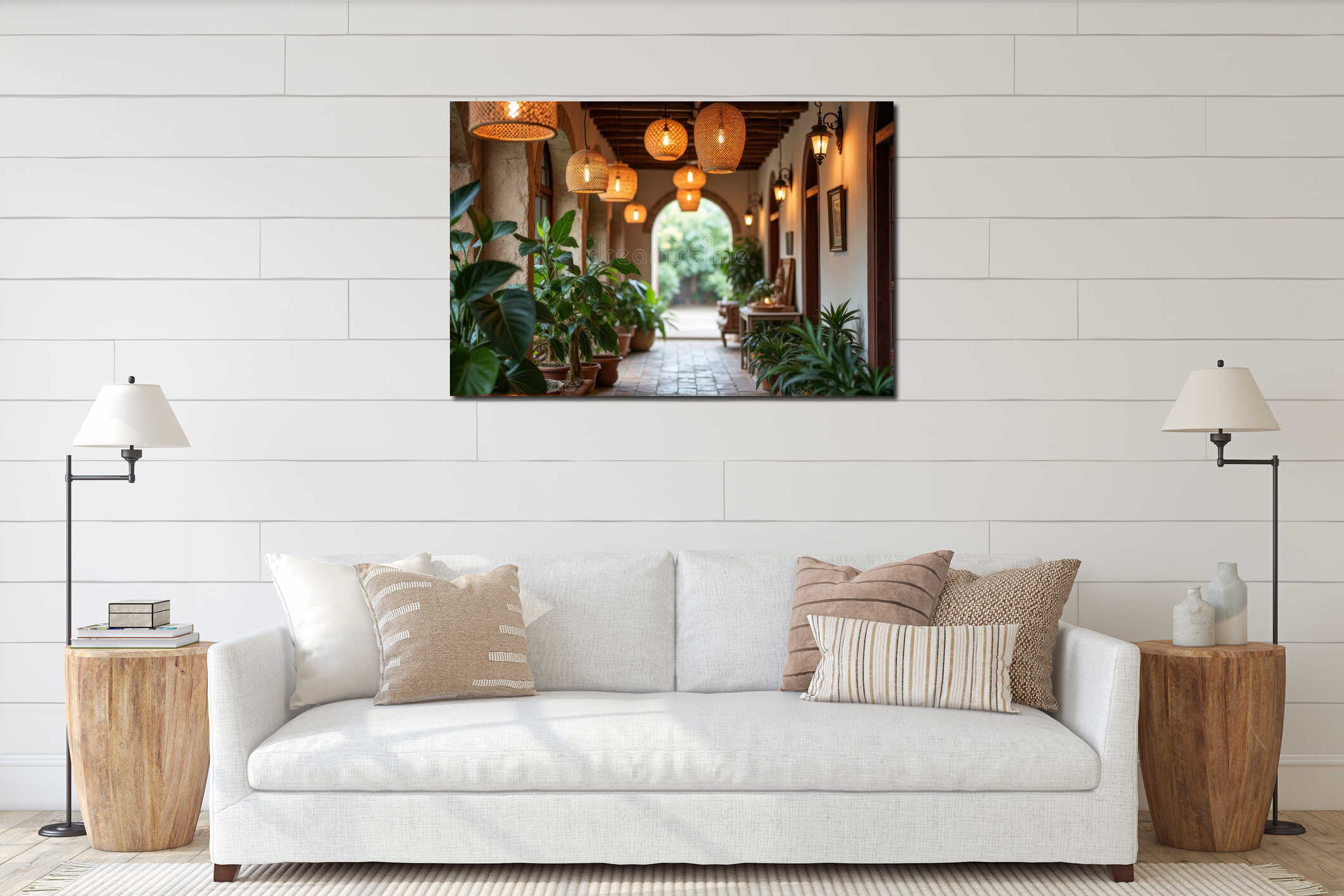 Rustic mediterranean corridor with hanging lanterns and lush greenery interior mockup