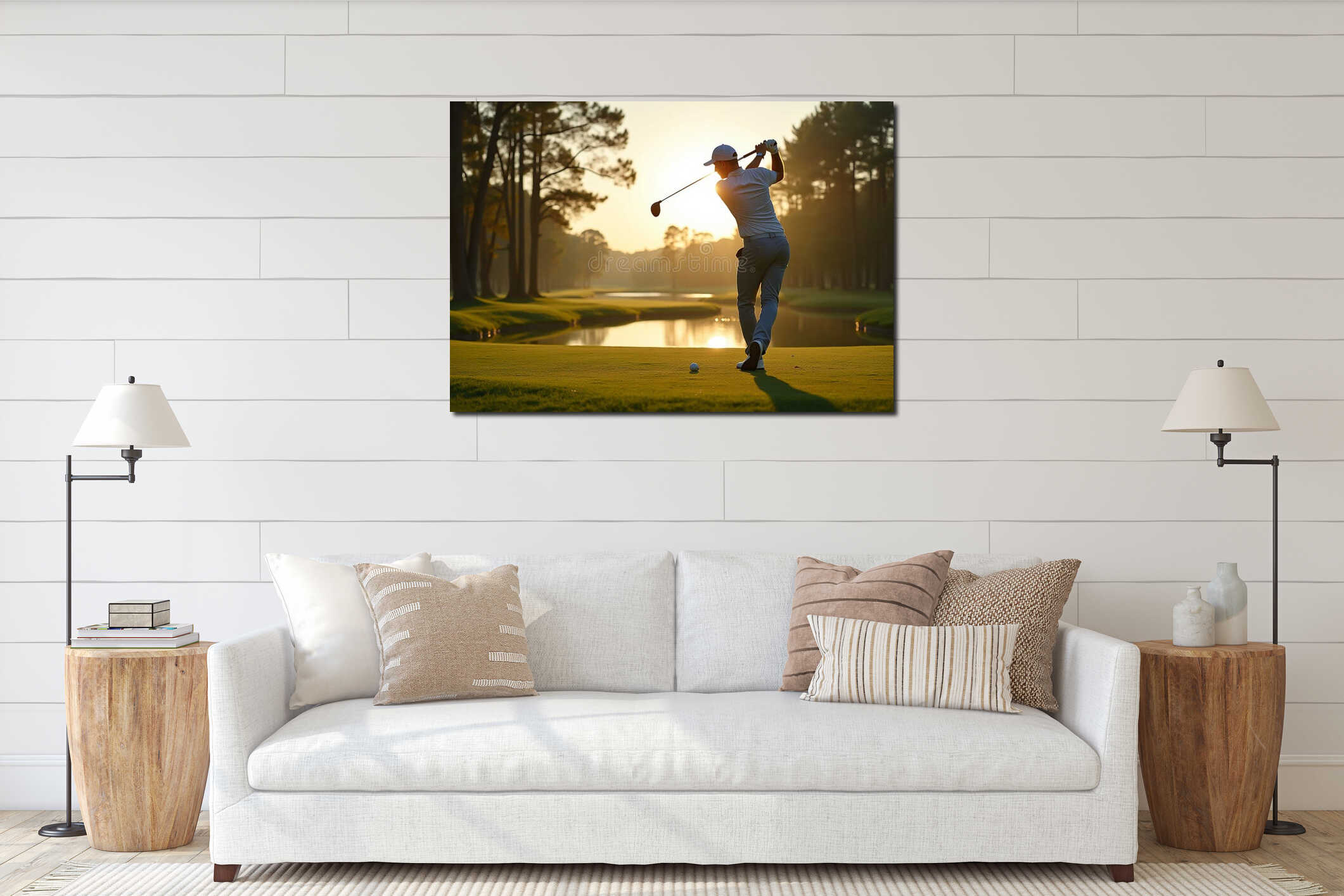Golfer Swinging at Sunset on Scenic Golf Course Landscape interior mockup
