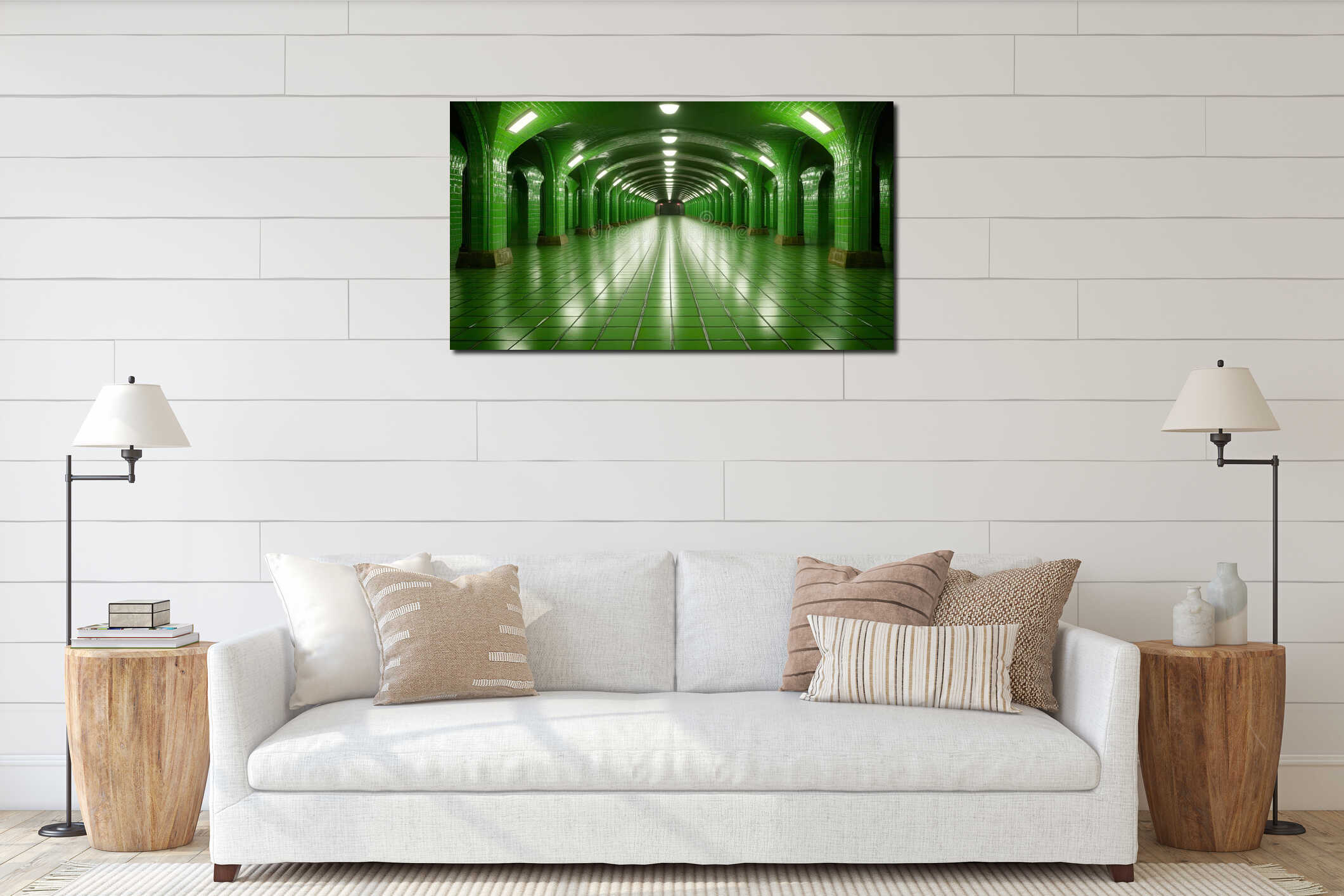 Green tiled underground tunnel with arched ceiling and symmetrical lights interior mockup
