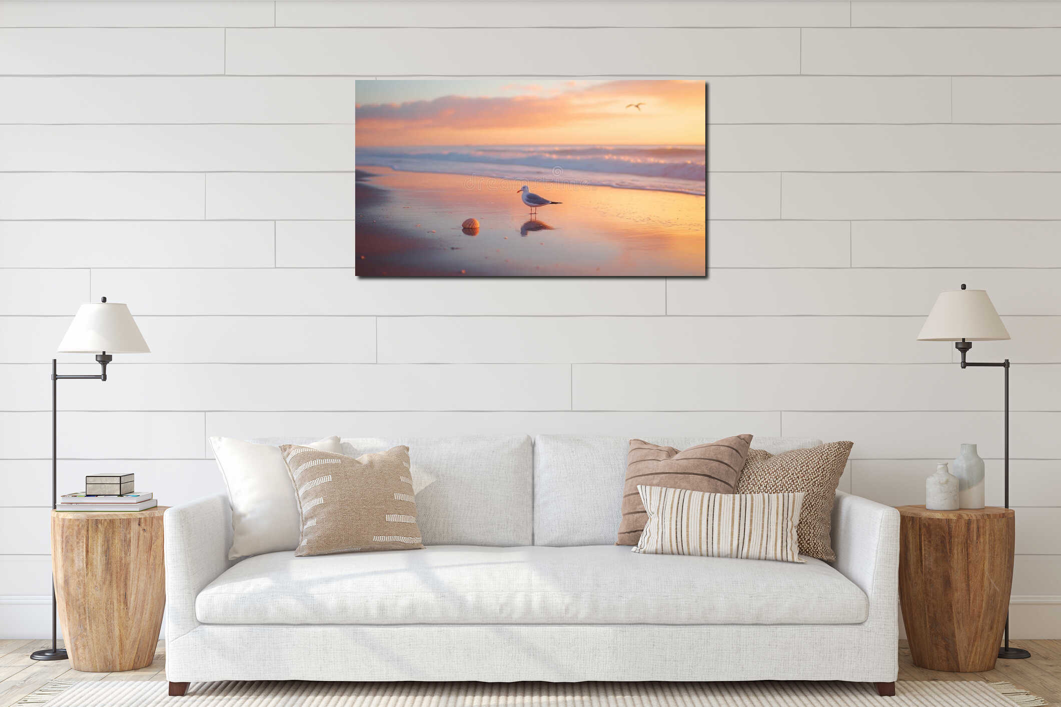Seagull on the Beach at Sunset, Waves Gently Rolling, Calm and Peaceful Coastal Scene interior mockup