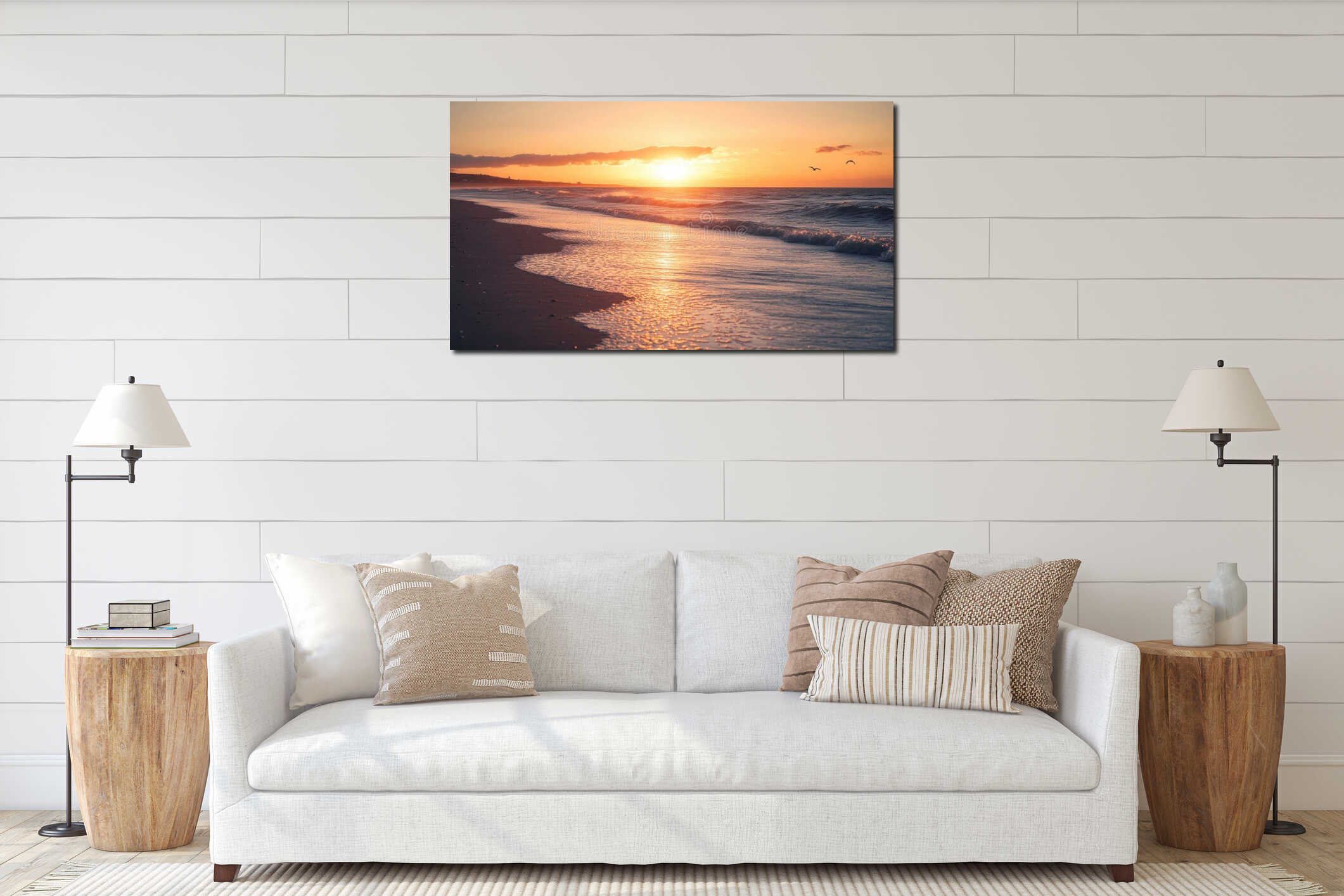 Sunset over the beach with gentle waves and a colorful sky, perfect for a peaceful evening at the shore interior mockup