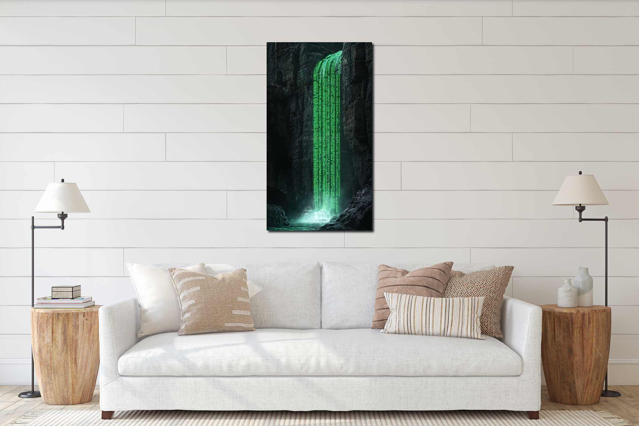 Stunning waterfall of glowing green digital code flowing down dark rock cliff capturing the fusion of nature and interior mockup