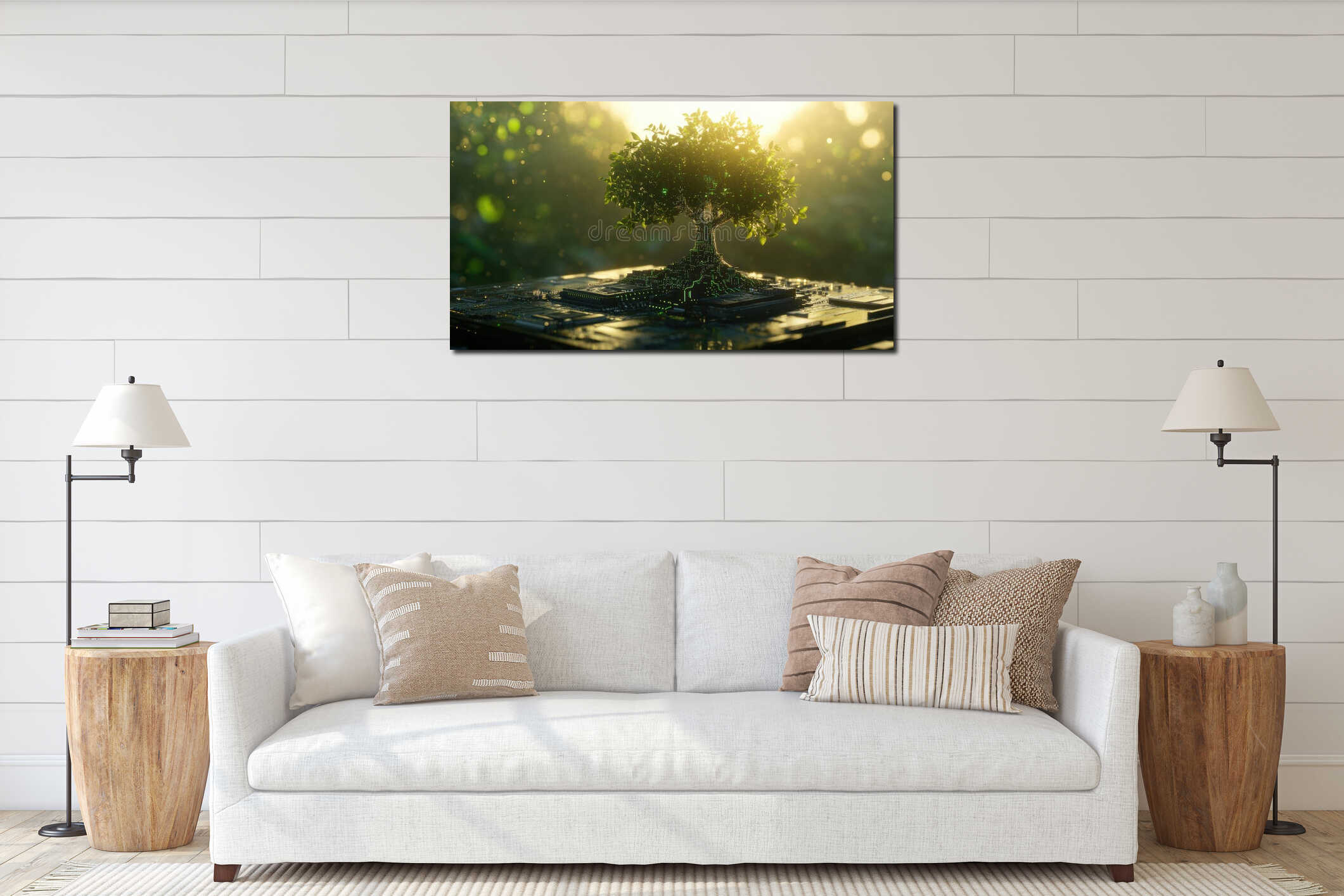 Digital tree of life, a stunning fusion of nature and technology with a tree blossoming from a circuit board shining in interior mockup