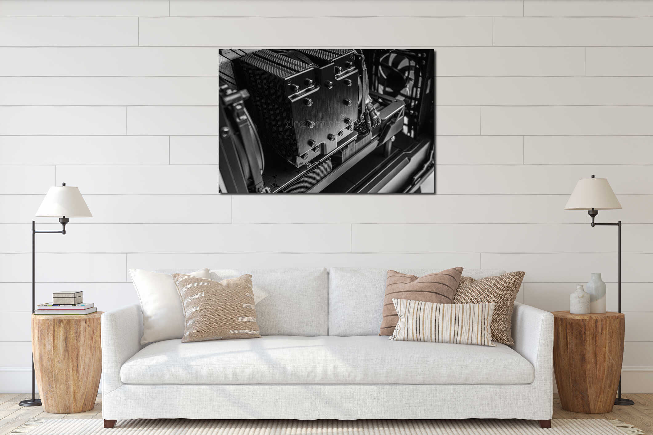 A close-up shot of a CPU cooler, braided power cables, and cooling fins within a custom-built desktop PC interior mockup