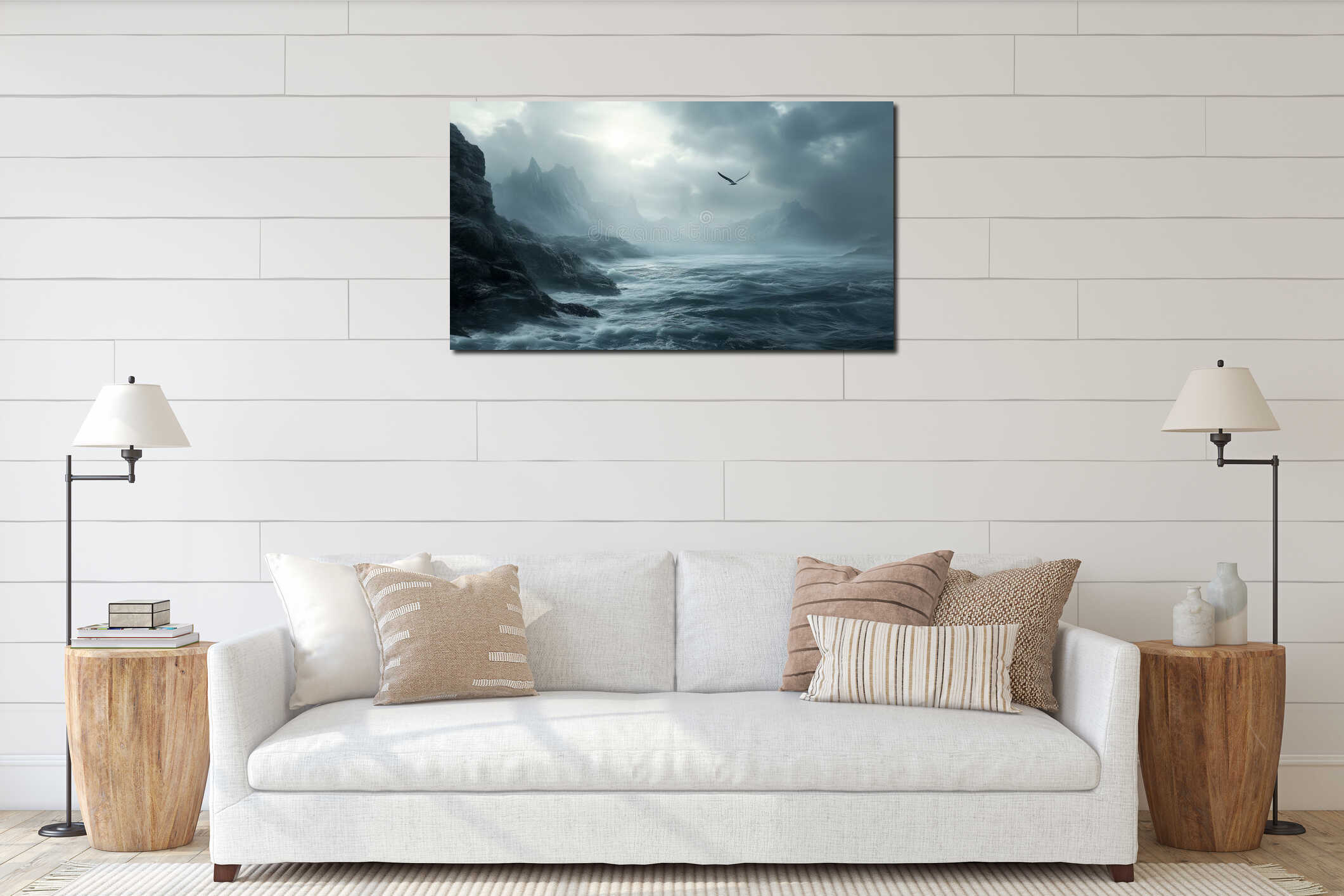 Rocky coastline with a bird soaring high above amidst a dramatic sky and turbulent sea interior mockup