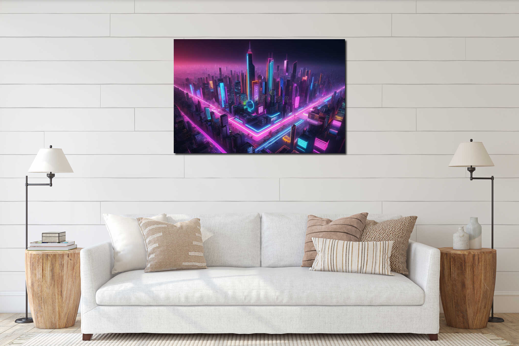 Futuristic cityscape featuring neon-lit skyscrapers and streets interior mockup