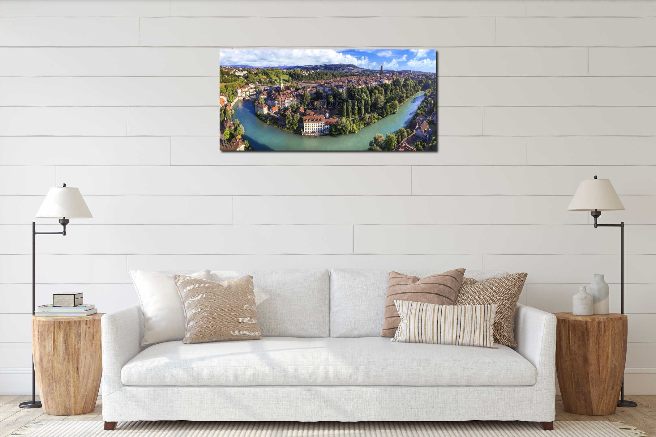 old town of Bern capital city of Switzerland. , aerial drone panoramic view with river Aare. interior mockup