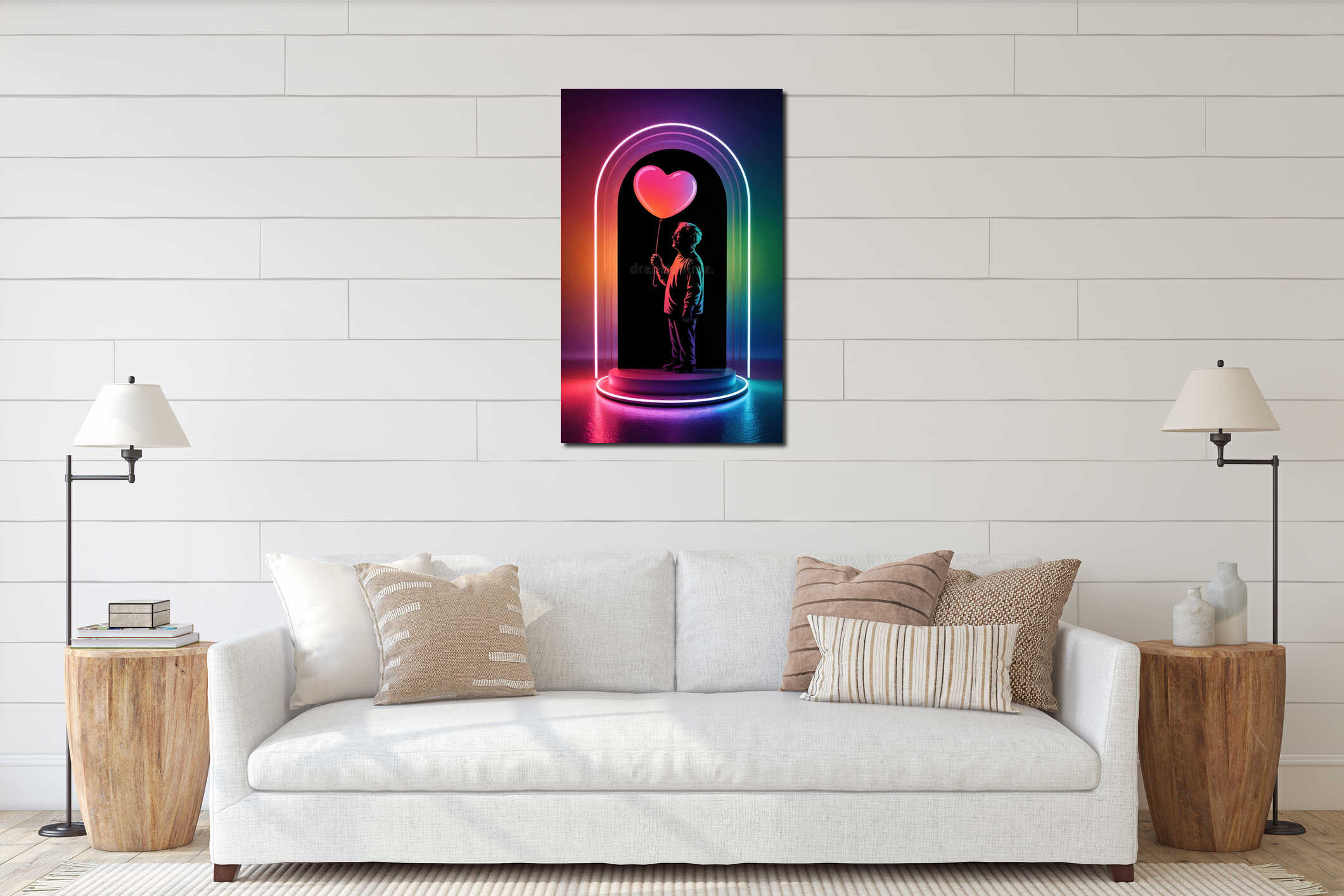 Vibrant Neon-Lit Arched Passageway With Silhouetted Figure Holding A Glowing Heart Balloon In A Nighttime Urban Scene interior mockup
