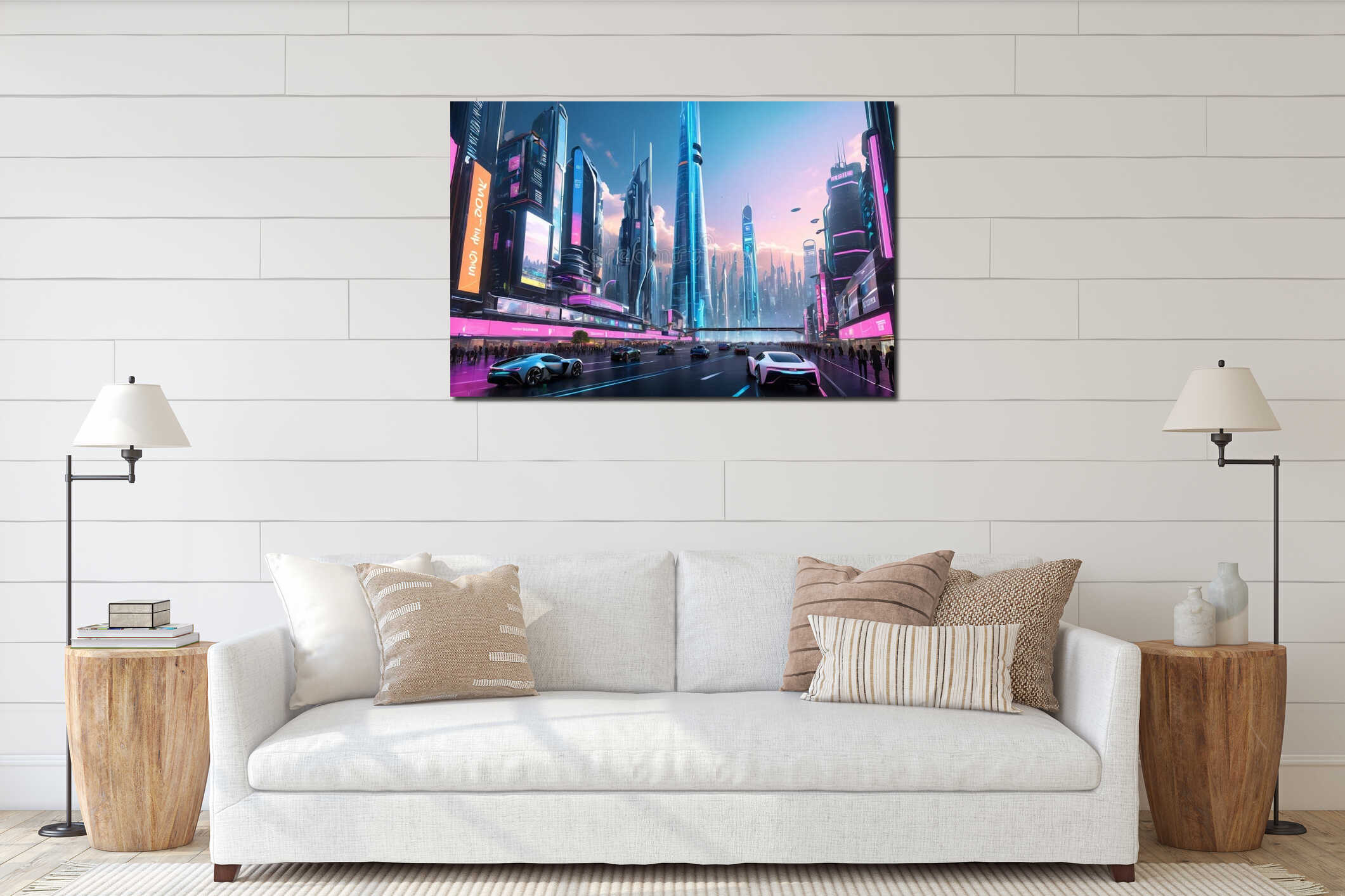 Futuristic cityscape featuring tall, neon-lit skyscrapers interior mockup