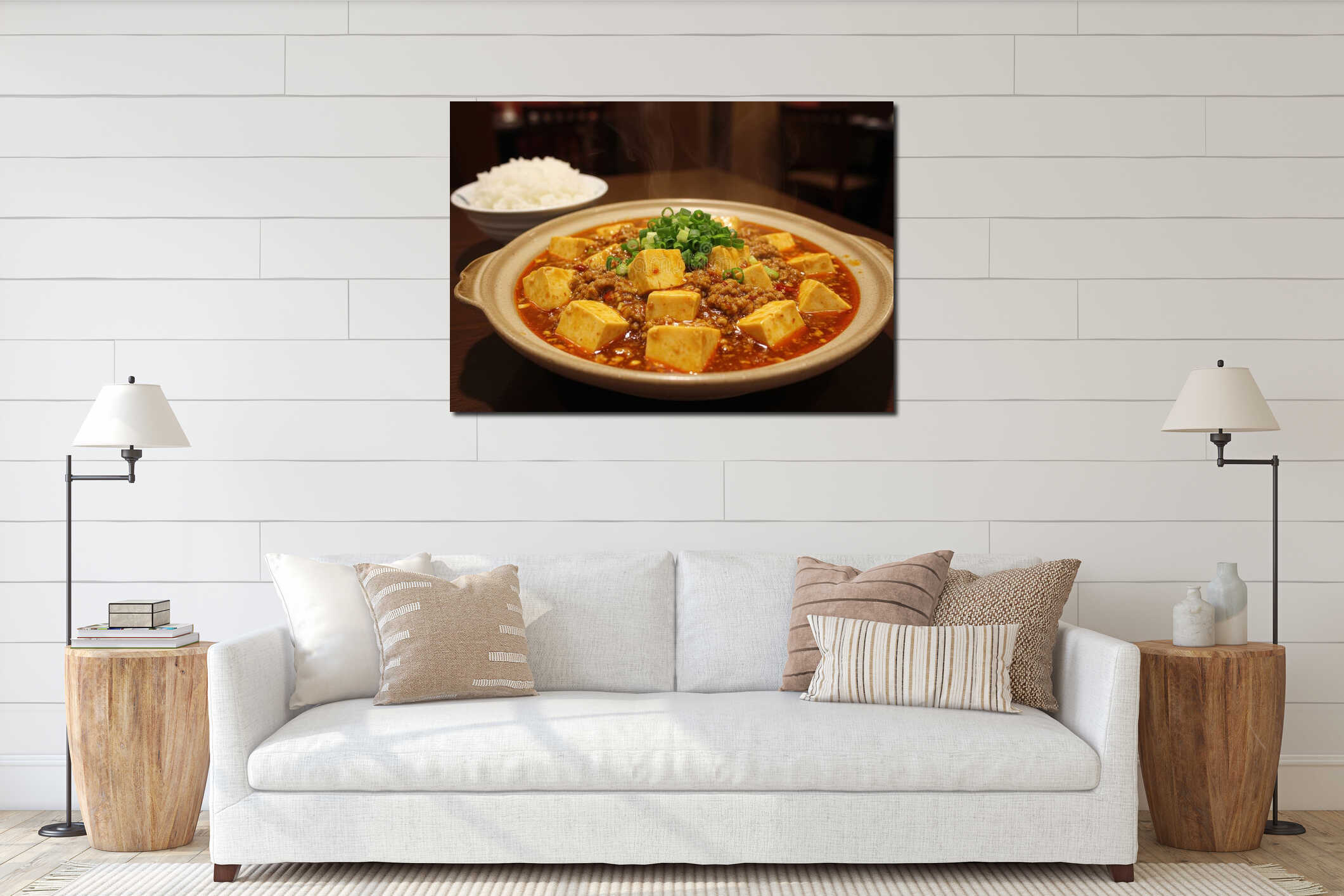 Delicious hot Szechuan Mapo Tofu spicy dish with minced meat and green onions interior mockup
