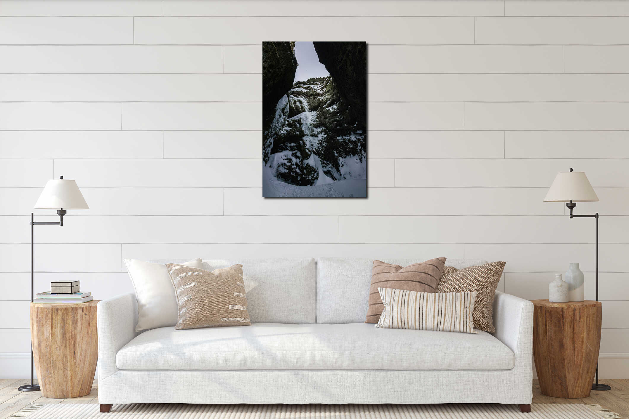 View of Raudfeldsgja gorge in winter at SnÃ¦fellsnes peninsula (Iceland) interior mockup