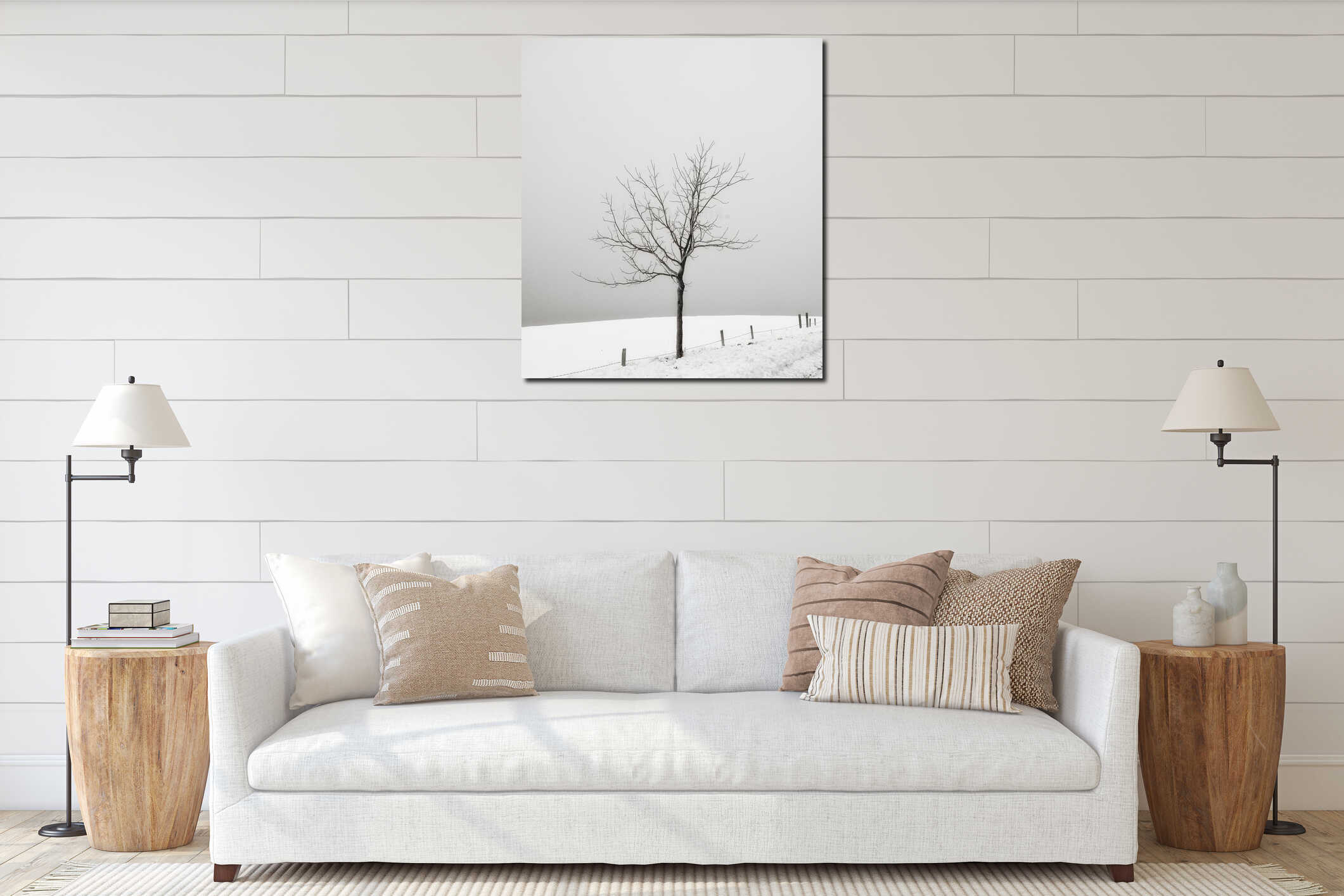 Solitary tree in a snow covered field interior mockup