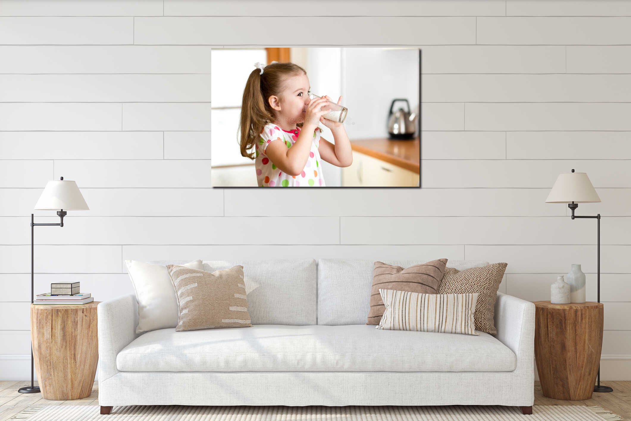 Child girl drinking yogurt or milk in kitchen interior mockup