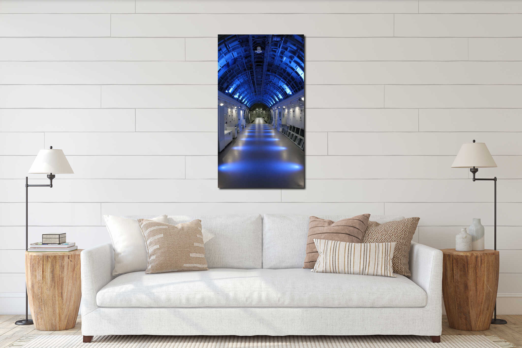 Futuristic Interior with Arched Structure and Blue Lighting, Long Corridor interior mockup