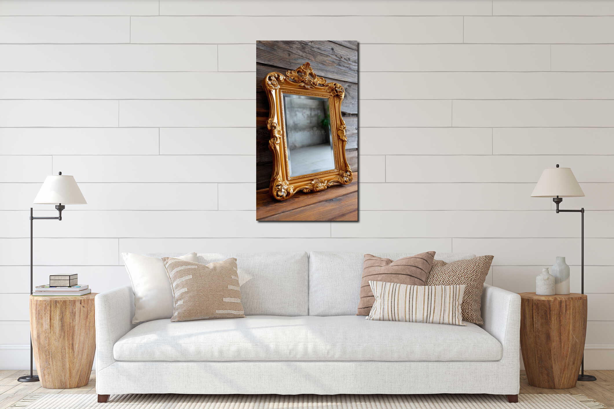 Elegant Golden Mirror with Ornate Carved Frame Resting on Rustic Wooden Surface interior mockup