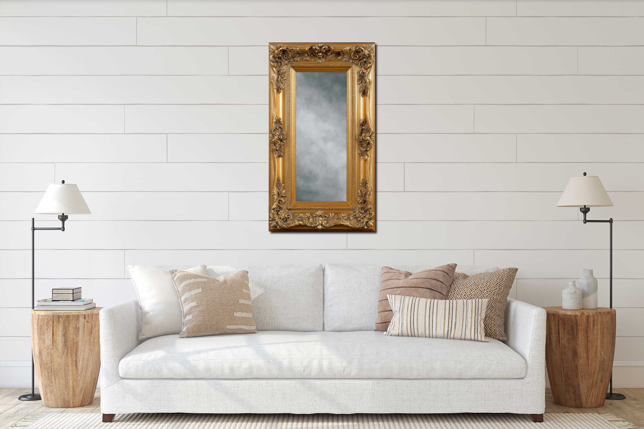 Ornate Gold Frame with Empty Center Rectangular Golden Carved Floral Decoration Antique Style Decorative Ornament interior mockup