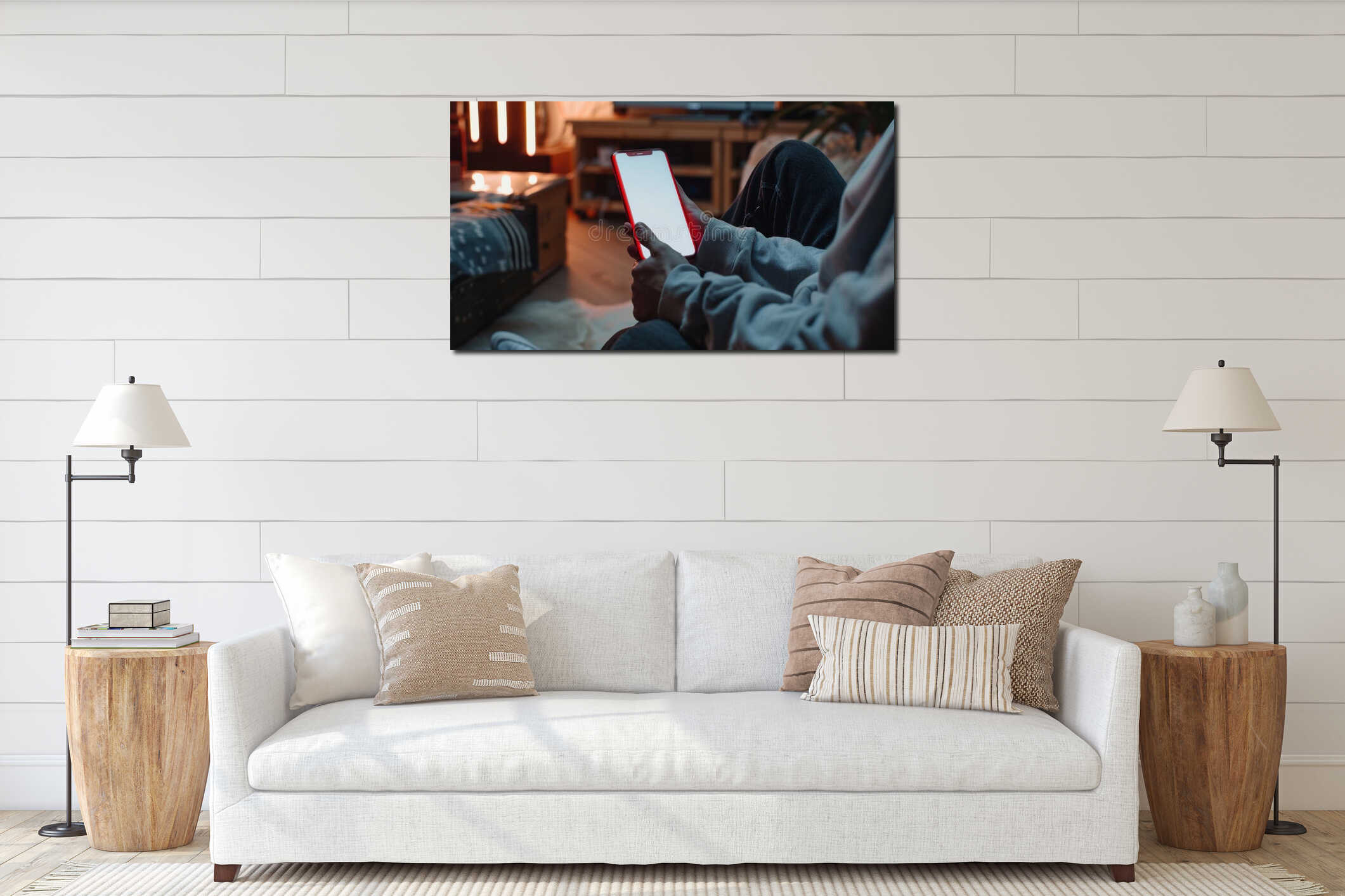 The person holding smartphone.AI generated image interior mockup
