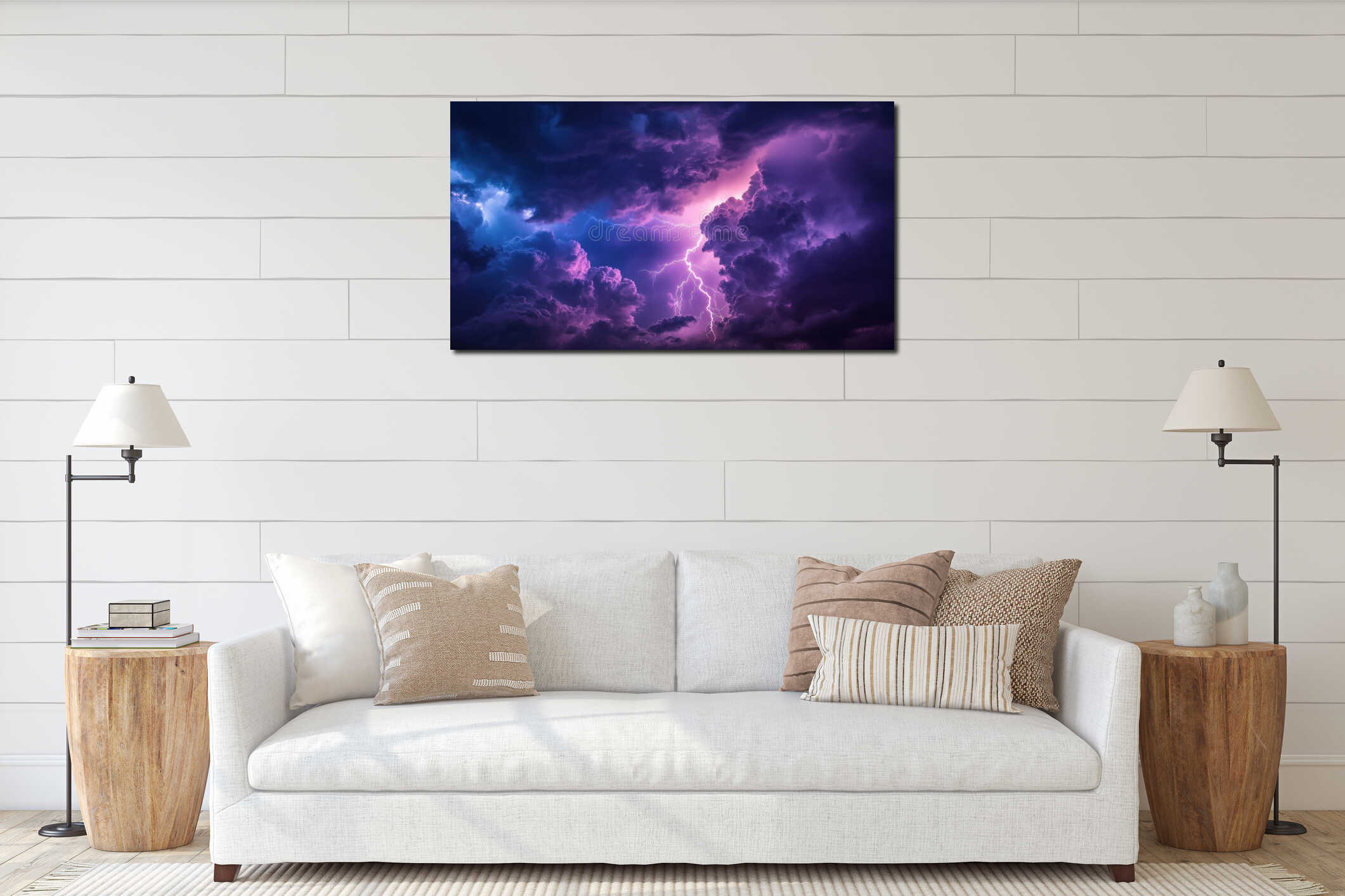 Vibrant purple storm clouds with lightning illuminate the dark sky, creating a dramatic and electrifying atmosphere in nature interior mockup