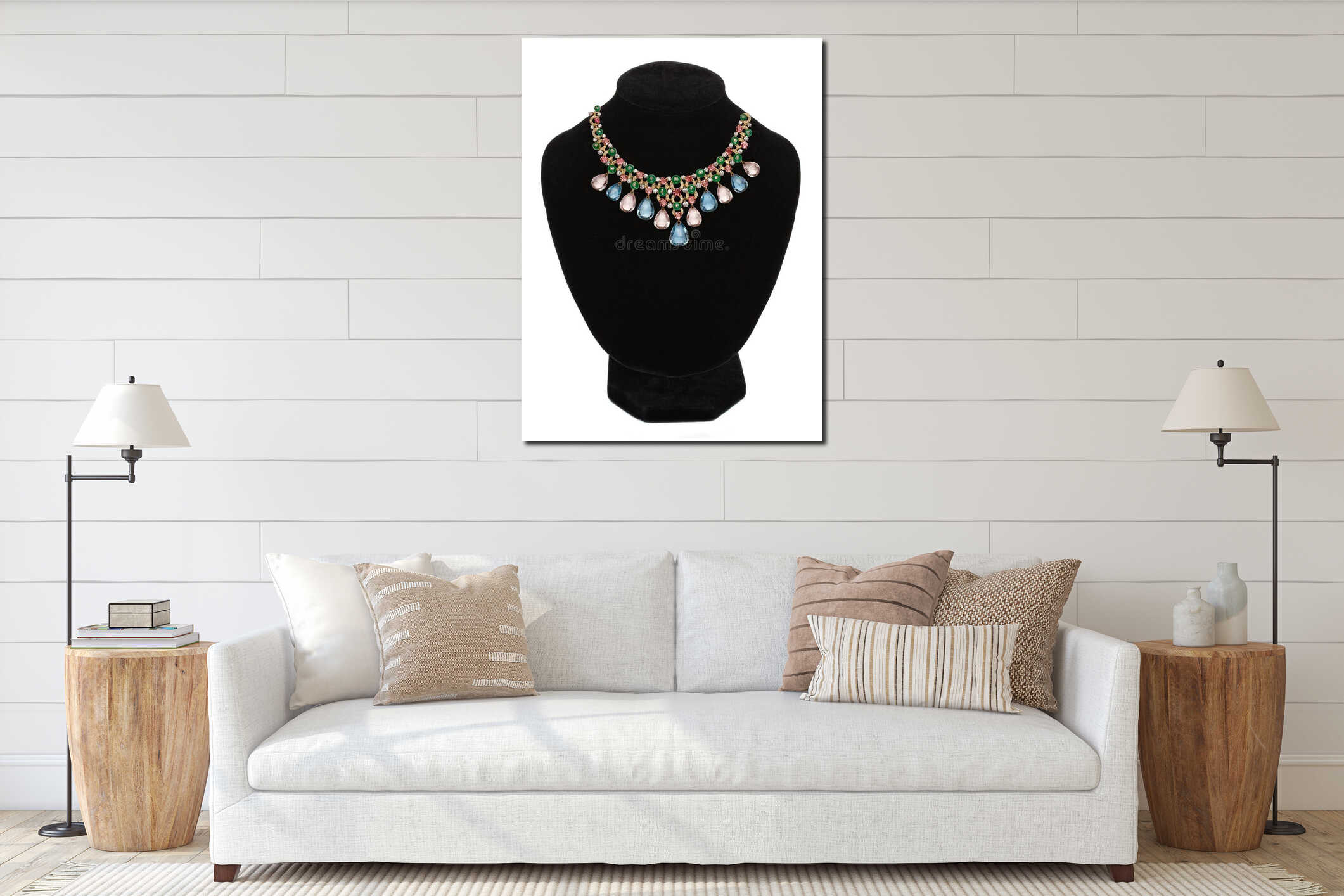 Pendant with red gem stones on black mannequin isolated on white interior mockup
