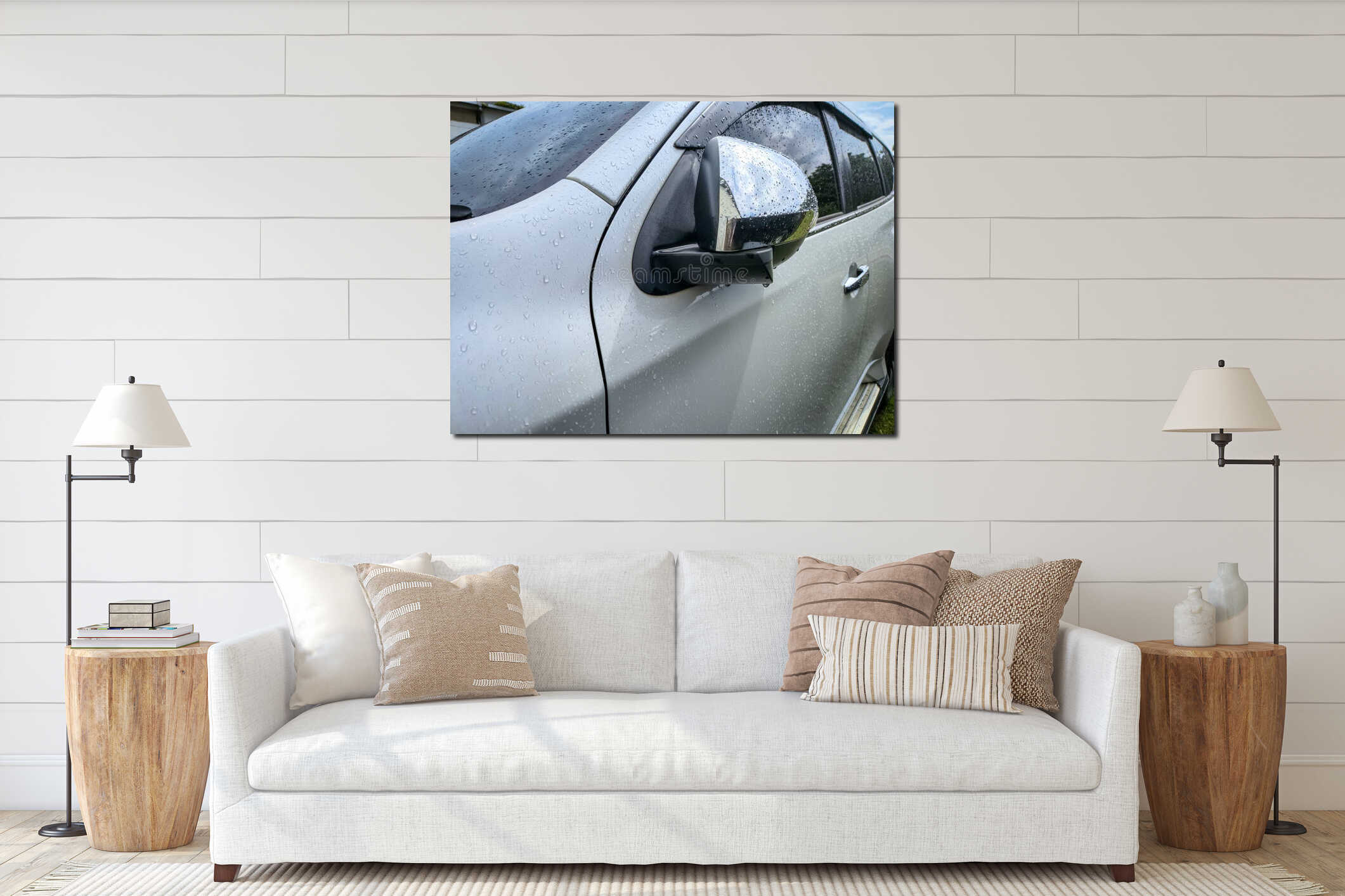Close up side rear-view mirror on a modern car interior mockup