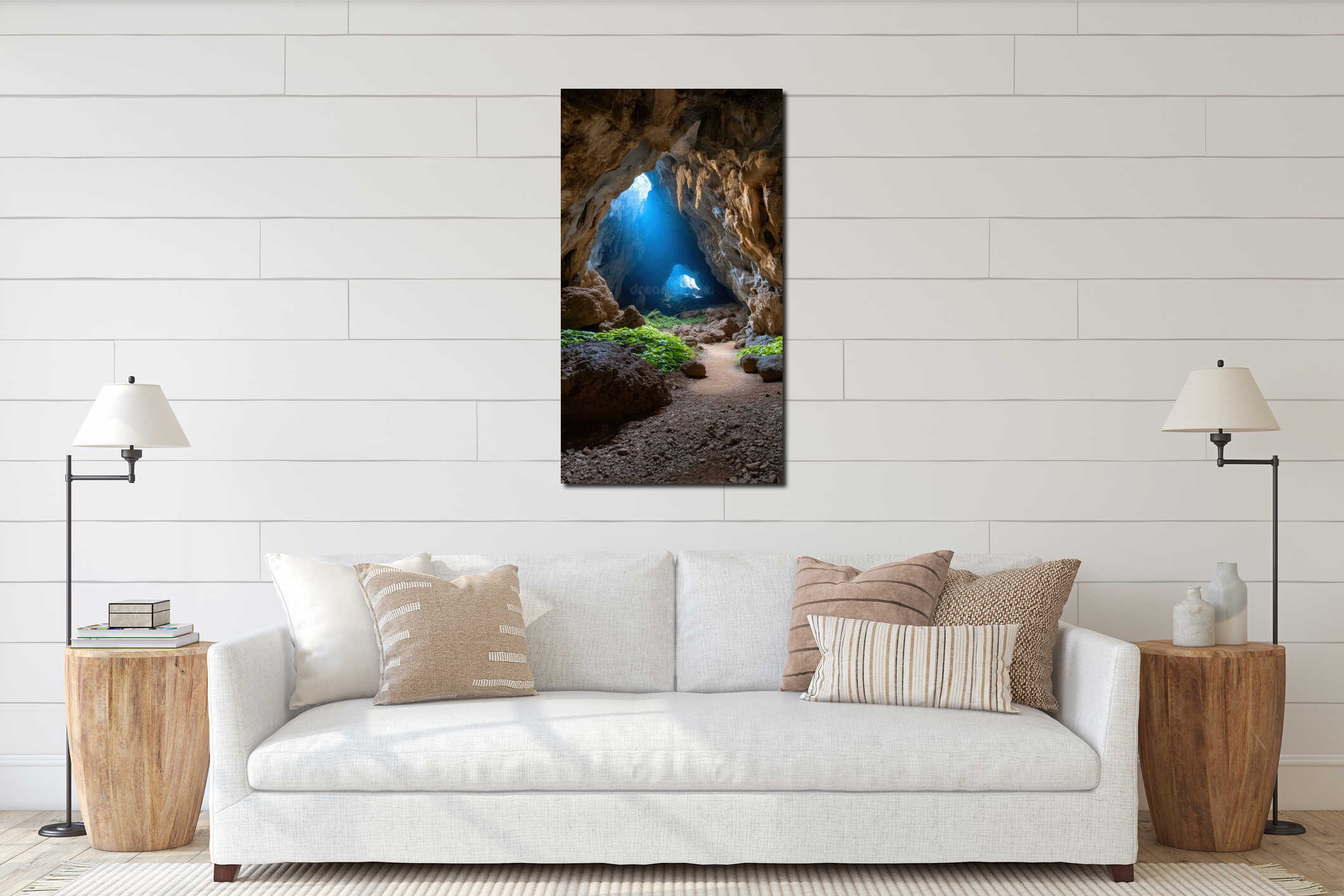 Spectacular Cave Entrance with Light and Greenery Underground Tunnel Passage interior mockup