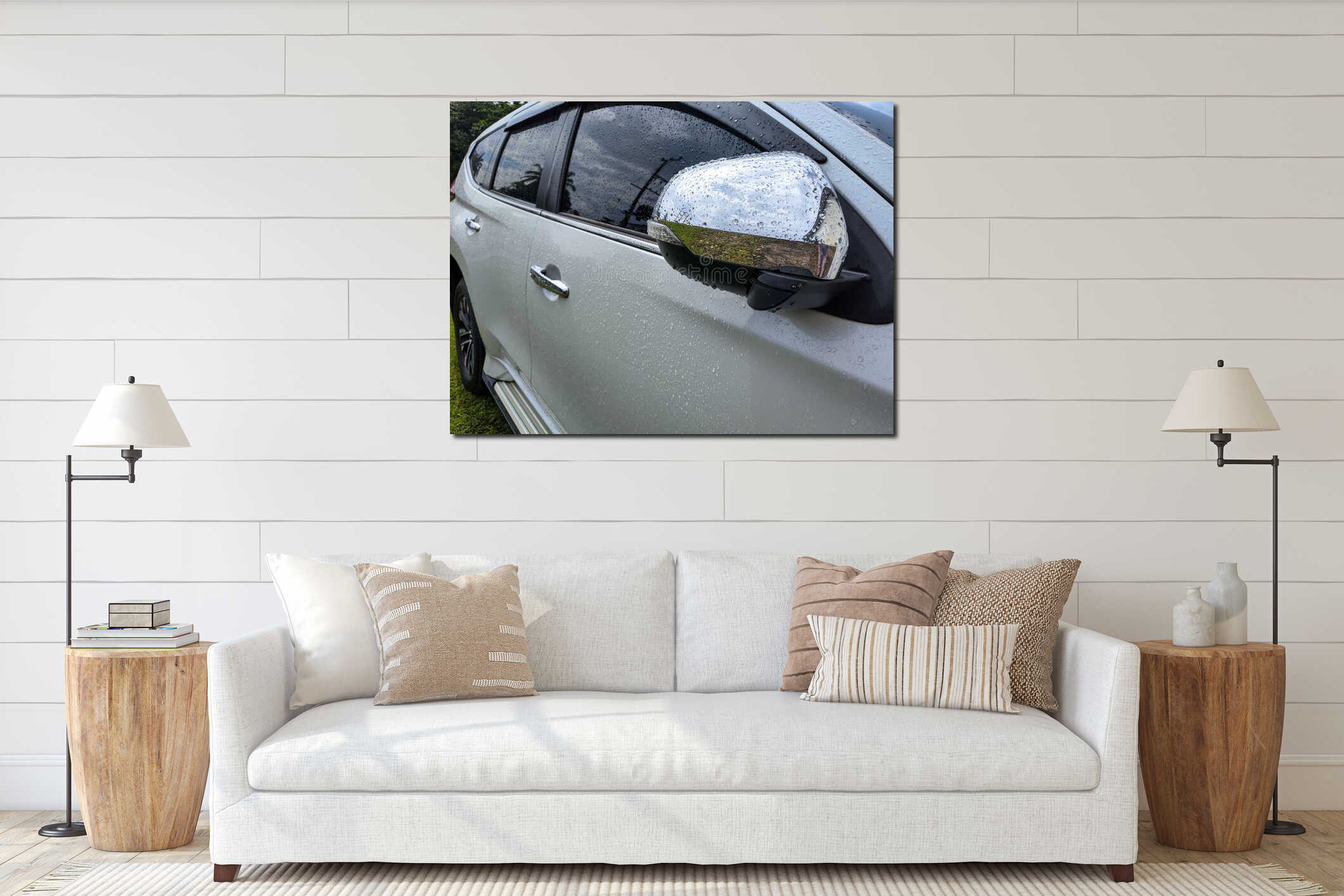 Close up side rear-view mirror on a modern car interior mockup