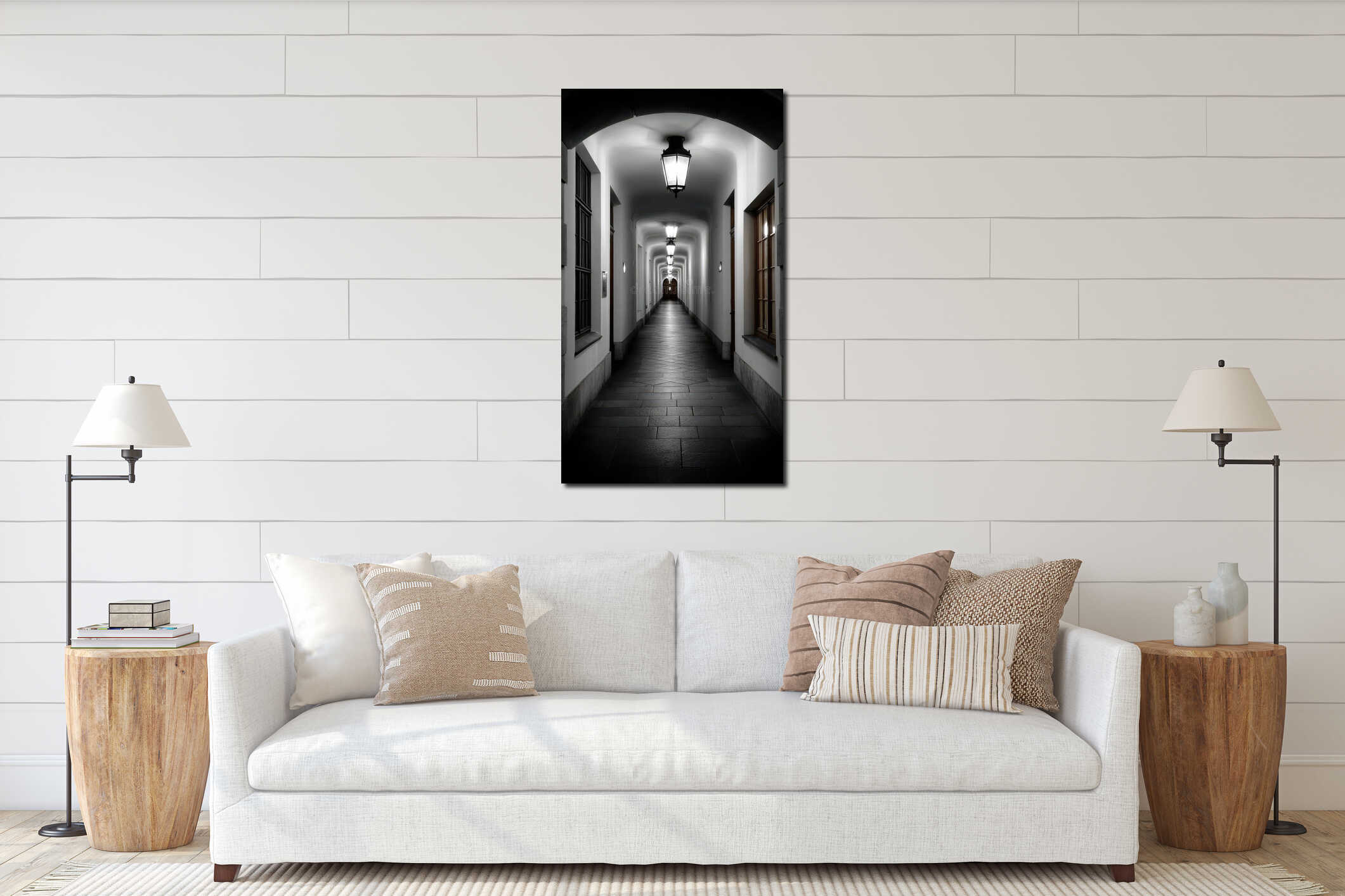Long Dark Hallway with Receding Perspective Lit by Lanterns Evoking Mystery and Architectural Detail interior mockup