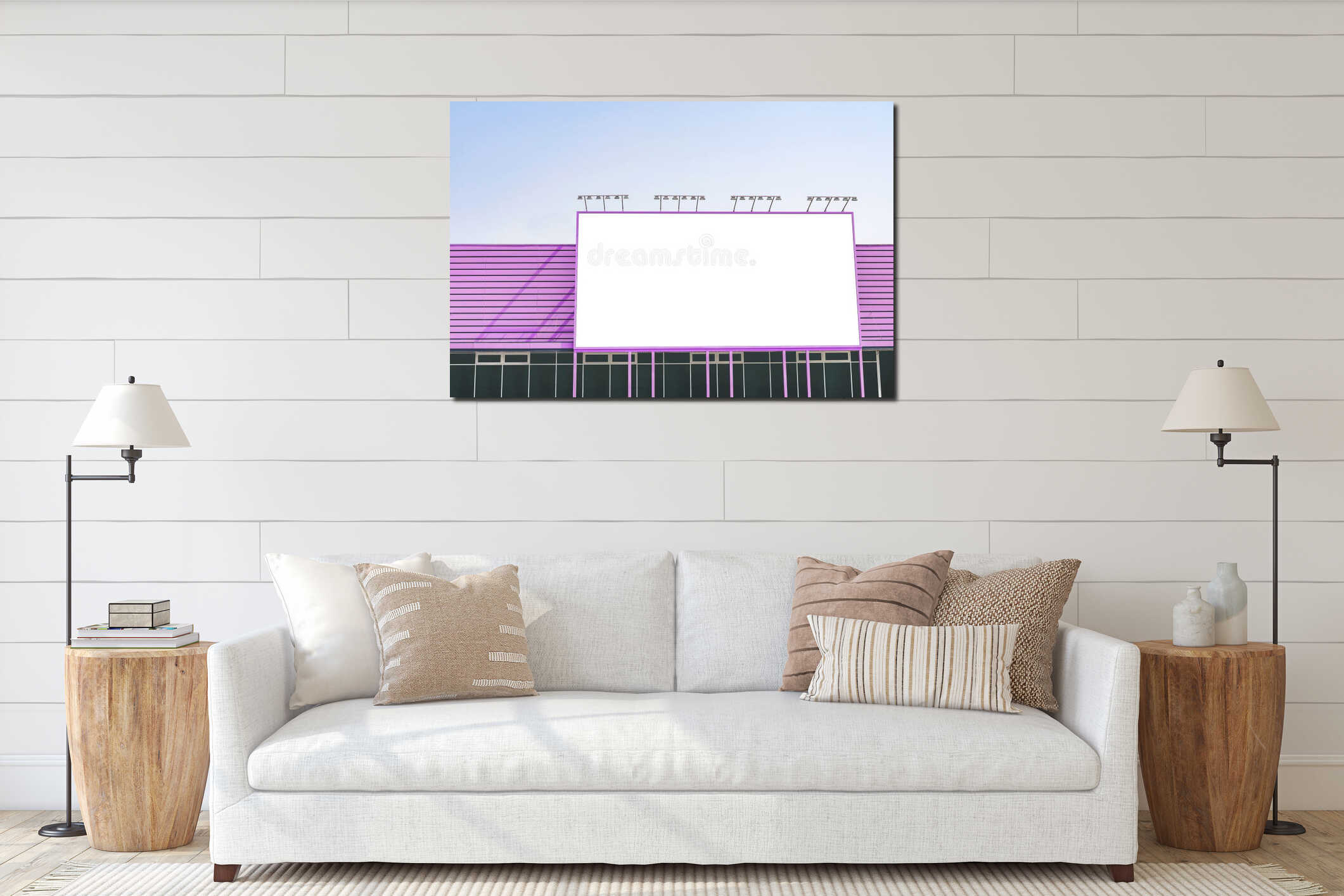 Large empty billboard mockup on the purple wall of a building. Outdoor advertising on the led panel interior mockup