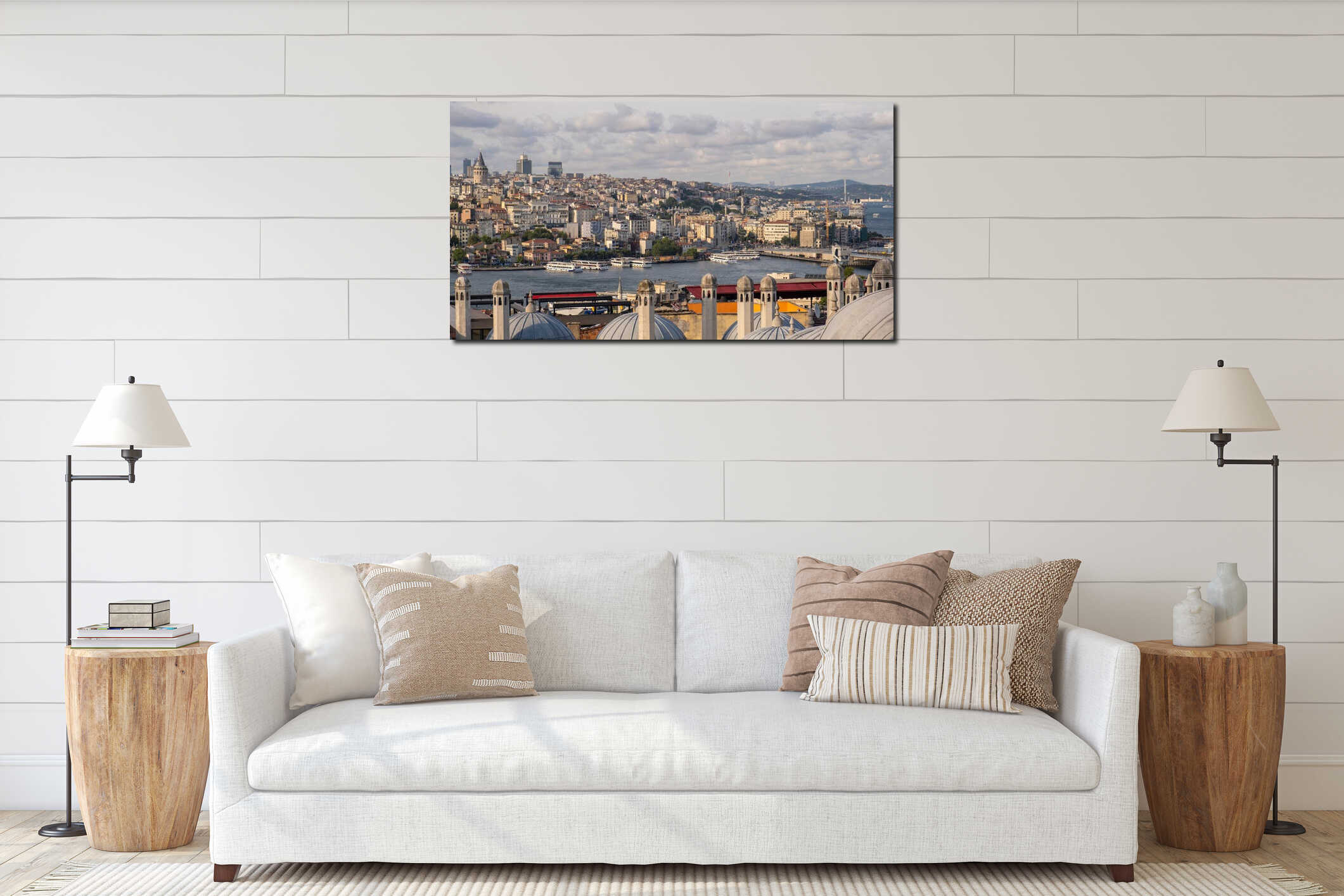 The skyline of Istanbul showcases a vibrant city with historical buildings along interior mockup