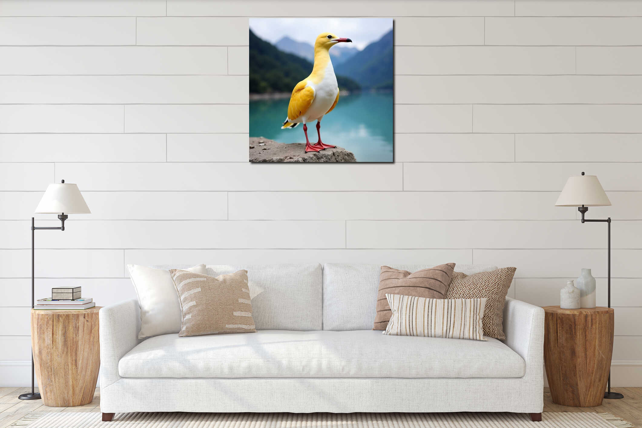 Exotic yellow plumaged seagull perched next to mountain lake, generative AI interior mockup