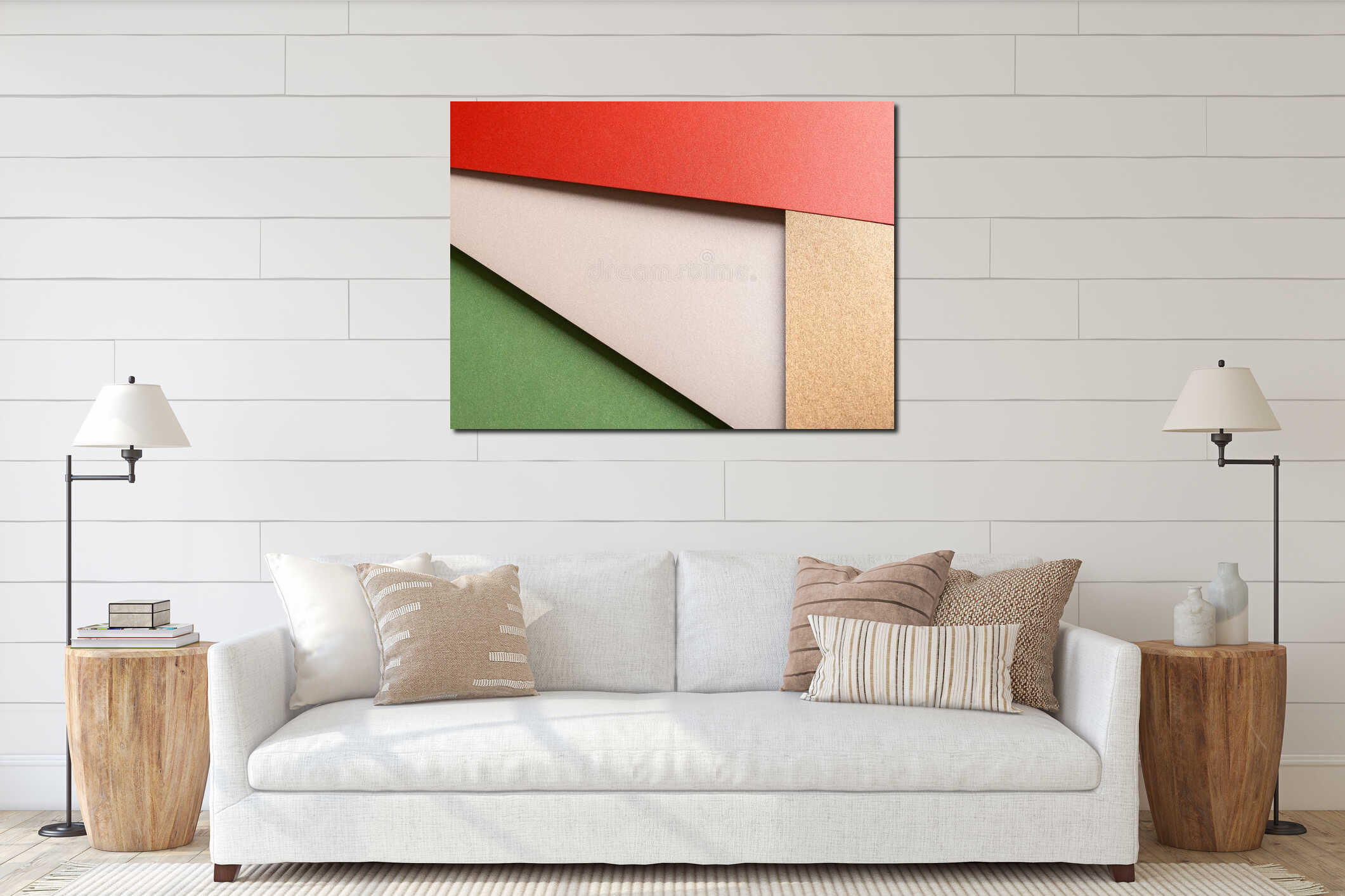 Paper background with matte texture. Layered diagonal sheets in bright red, pastel green, champagne, interior mockup