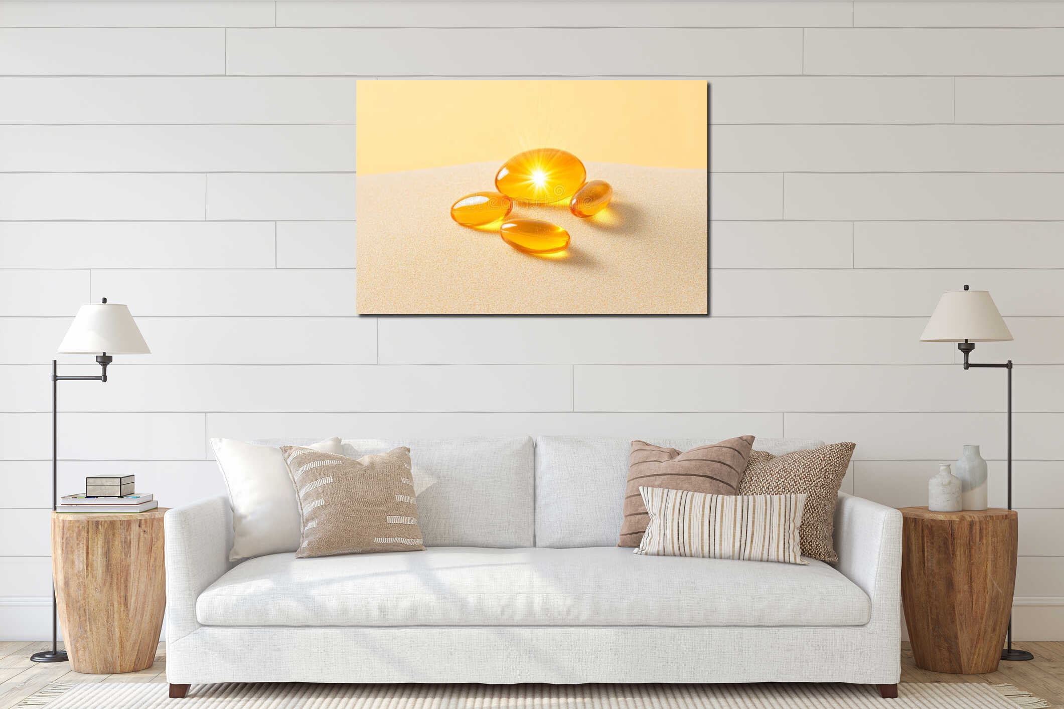 vitamin D, Transparent golden capsules glowing in light on fine sand surface, minimal style, warm yellow background, concept of interior mockup