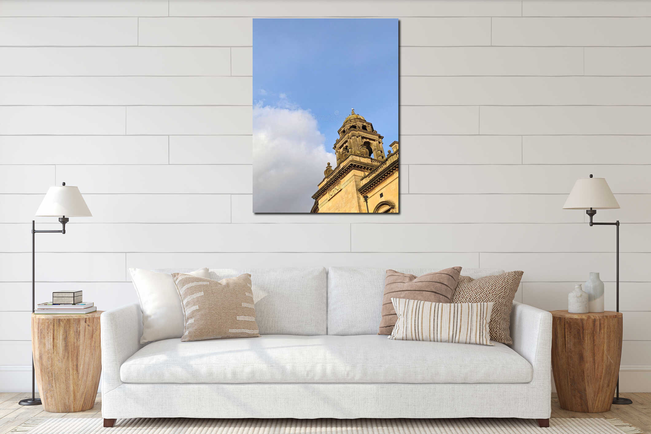 Architectural detail of Bath Guildhall cupola in Bath, England, with bird perched under cloudy sky interior mockup