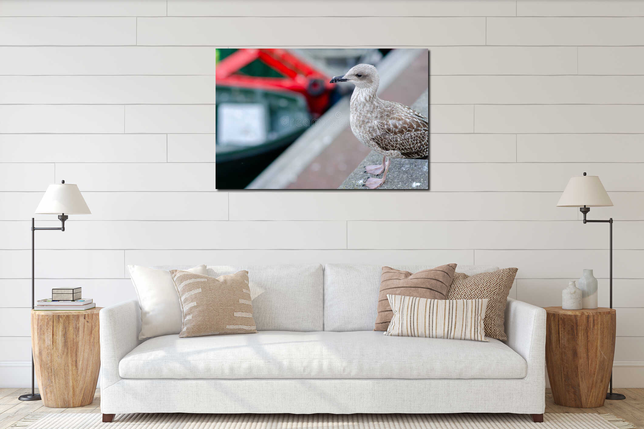 Juvenile seagull perched on harbor wall with blurred boats in the background interior mockup