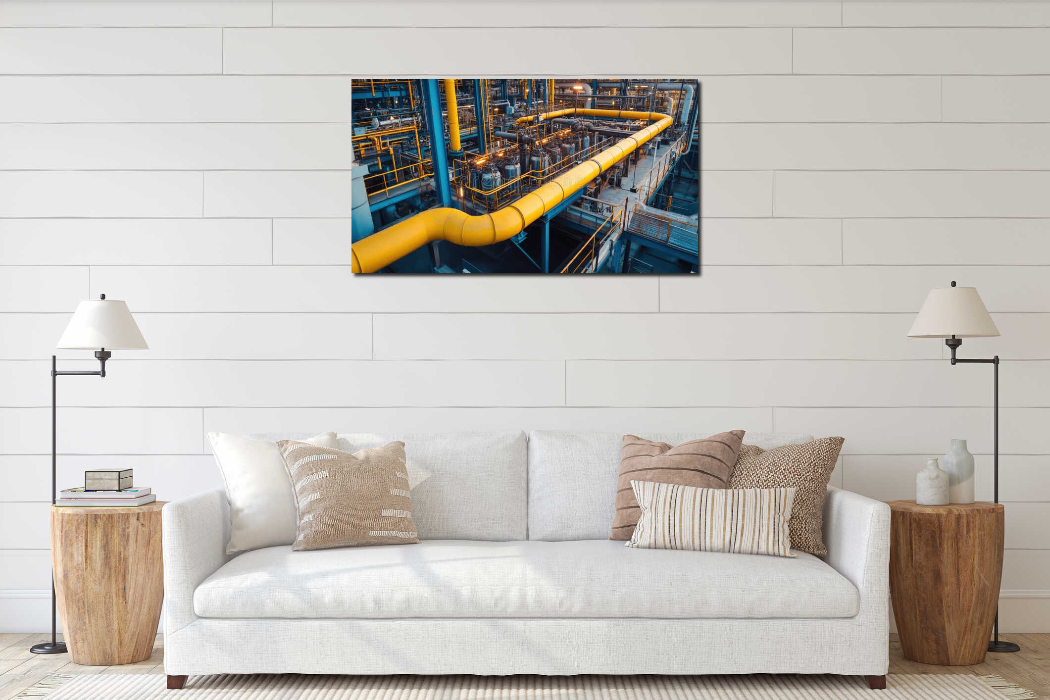 Complex Industrial Pipeline System with Yellow Pipes and Steel Structures in Factory Setting interior mockup