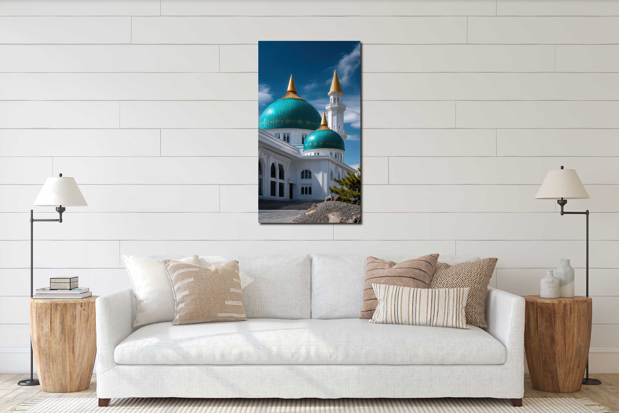 Mosque Architecture with Turquoise Domes and Minaret Against Blue Sky, Religious Islamic Building Exterior interior mockup