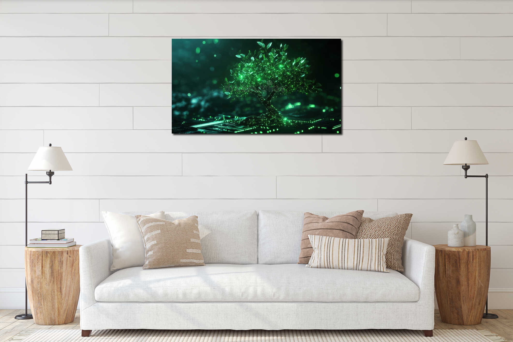 A digital fusion of nature and technology, a luminous green tree glows with connectivity on a circuit board in a interior mockup