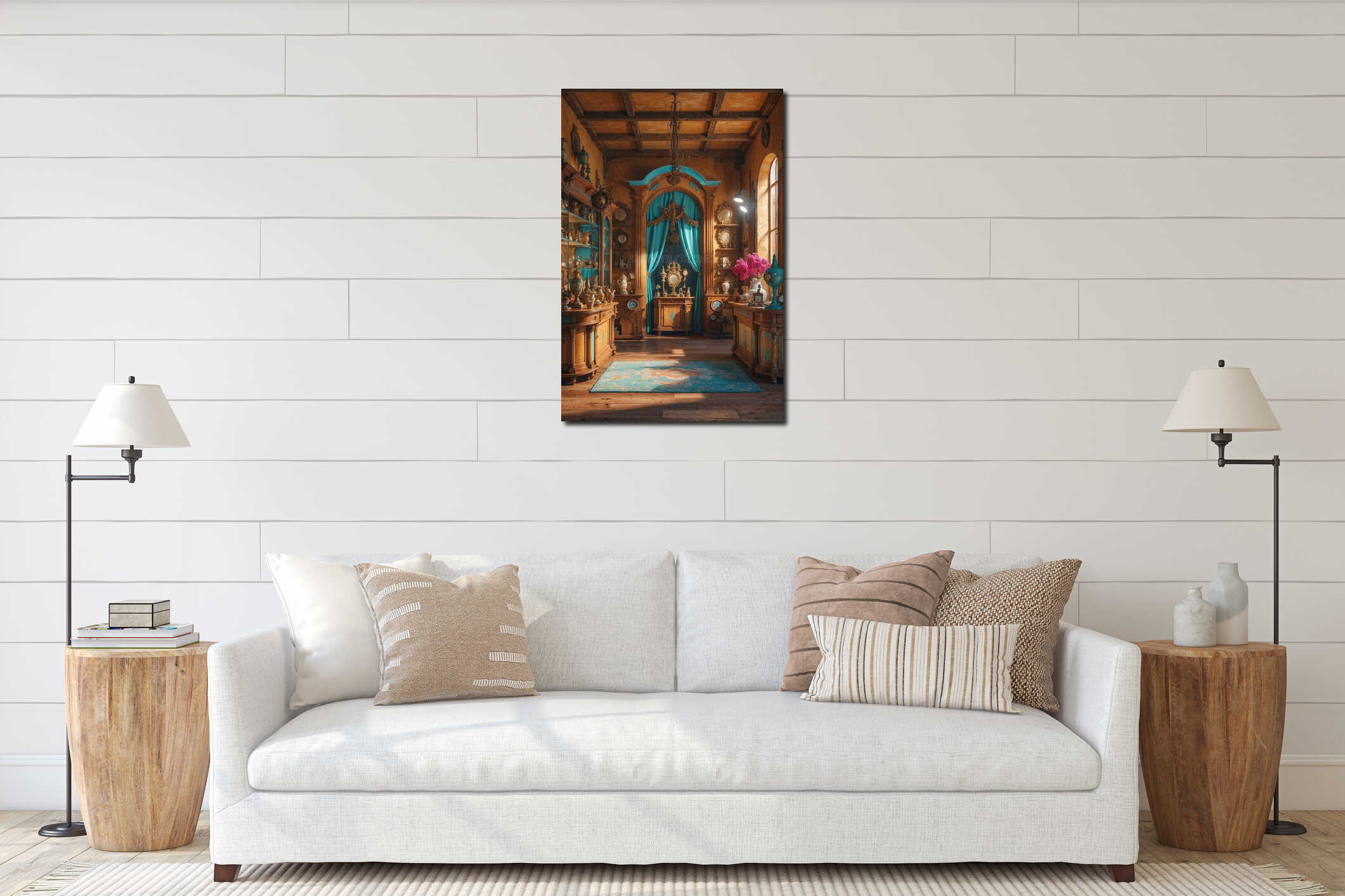 Opulent antique shop interior with teal velvet curtains and wooden beams. Ornate cabinets display vintage collectibles while interior mockup