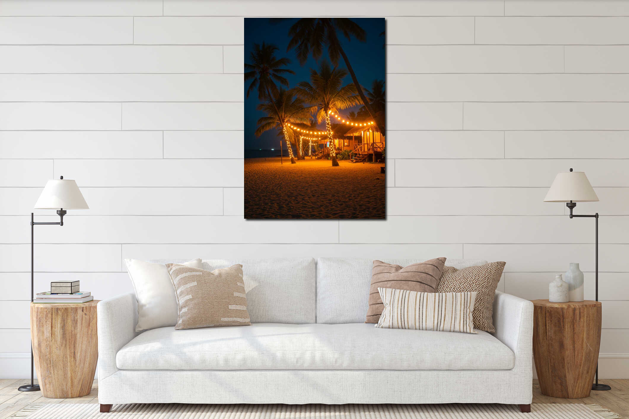Tropical Beach Night Scene with Illuminated Palm Trees interior mockup