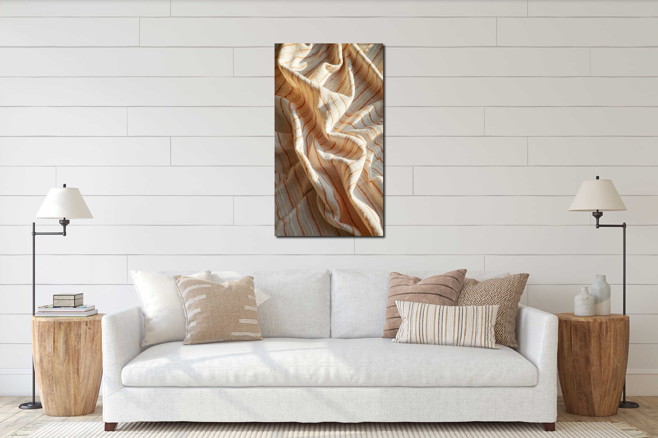 Elegant beige and orange striped fabric with soft draping shadows interior mockup